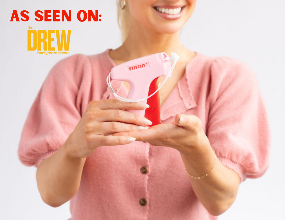 Woman holding Tucky Stitchy Quick Fix Clothing Gun, perfect for instant clothing alterations on-the-go.