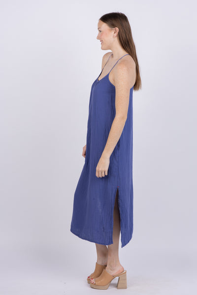 Blythe Satin Slip Midi Dress in Blue