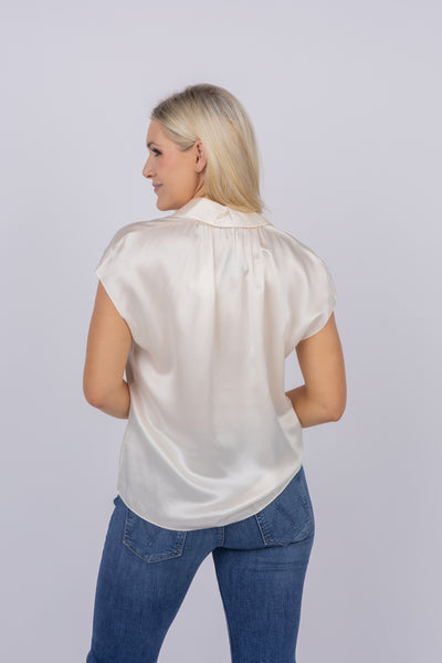 Vince Silk Cap-Sleeve Ruched-Back Blouse in Chiffon