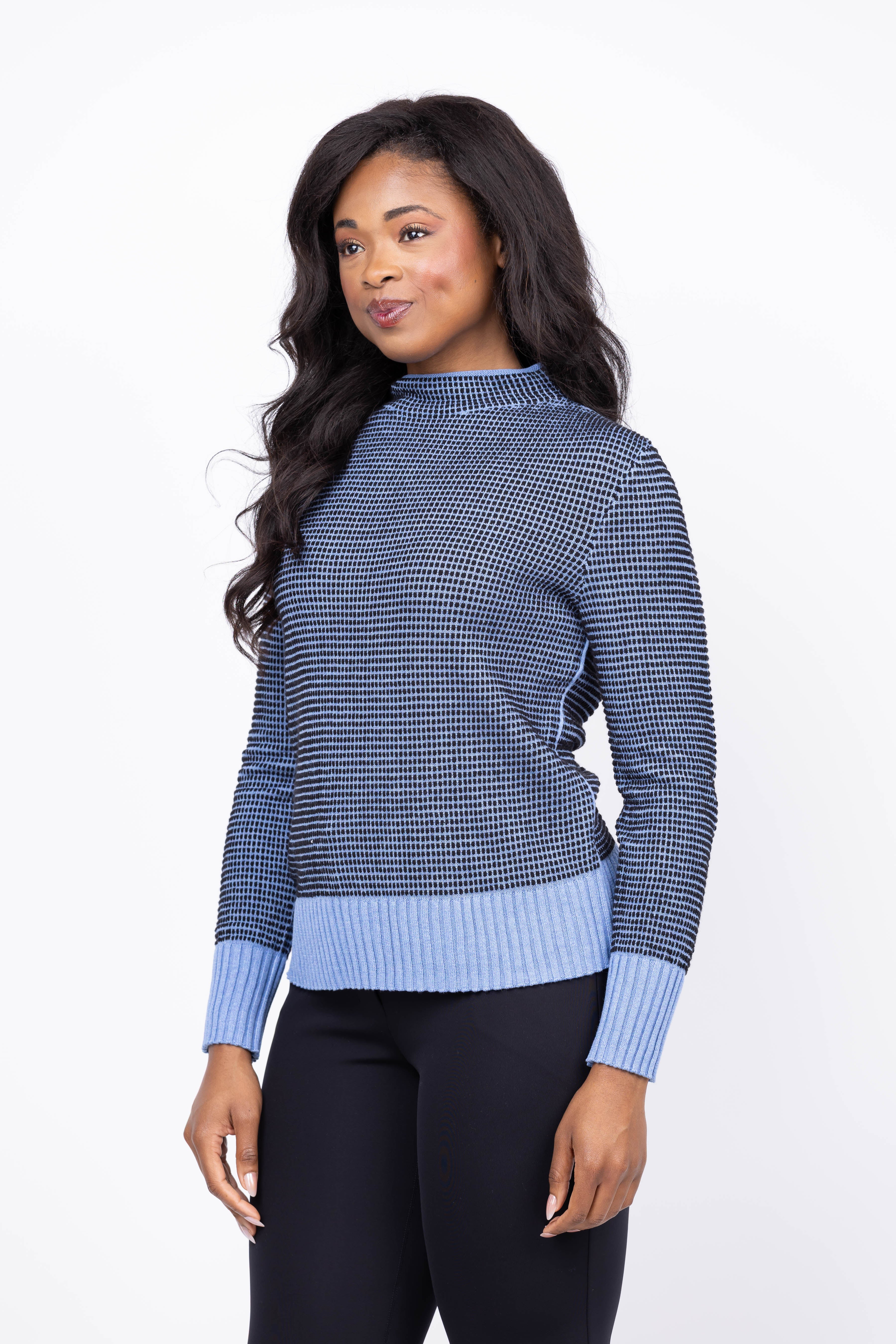 NIC + ZOE Funnel Neck Pixel Knit Sweater in Blue Multi