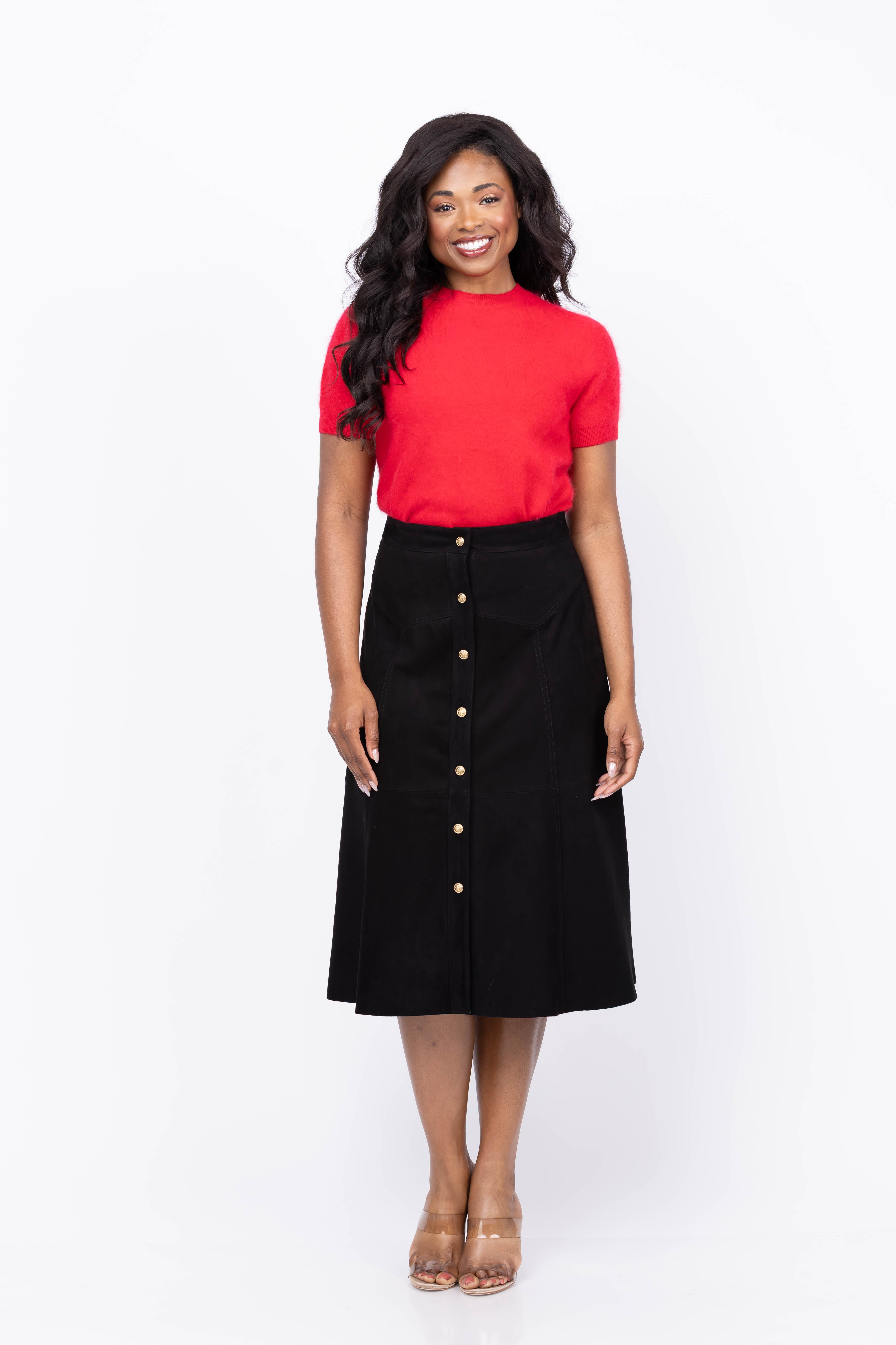 Alice + Olivia Calica Suede Snap Aline Midi Skirt in Black