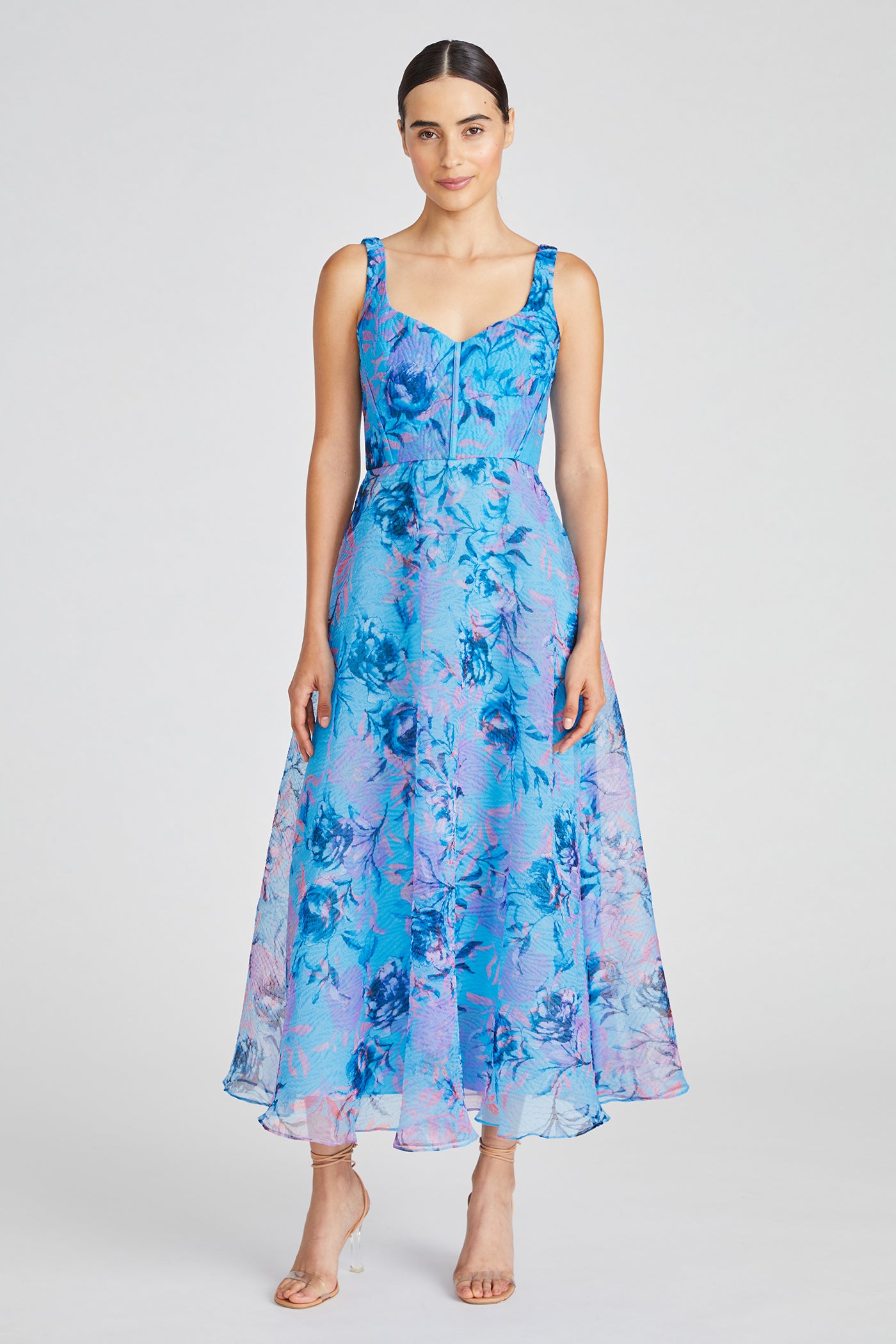 sachin and babi light blue dress Monique Lhuillier Floral jacquard cocktail dress Monique Lhuillier main image 1
