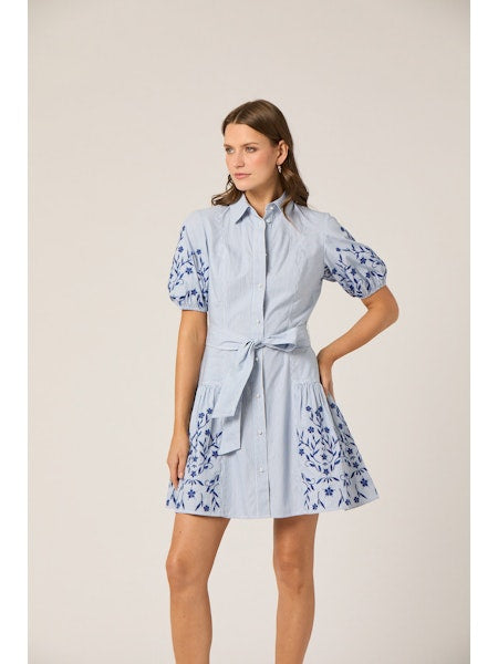 Danika Embroidered Pinstripe Cotton Mini Shirt Dress 8 / Light Blue Danika Embroidered Pinstripe Cotton Mini Shirt Dress 8 / Light Blue