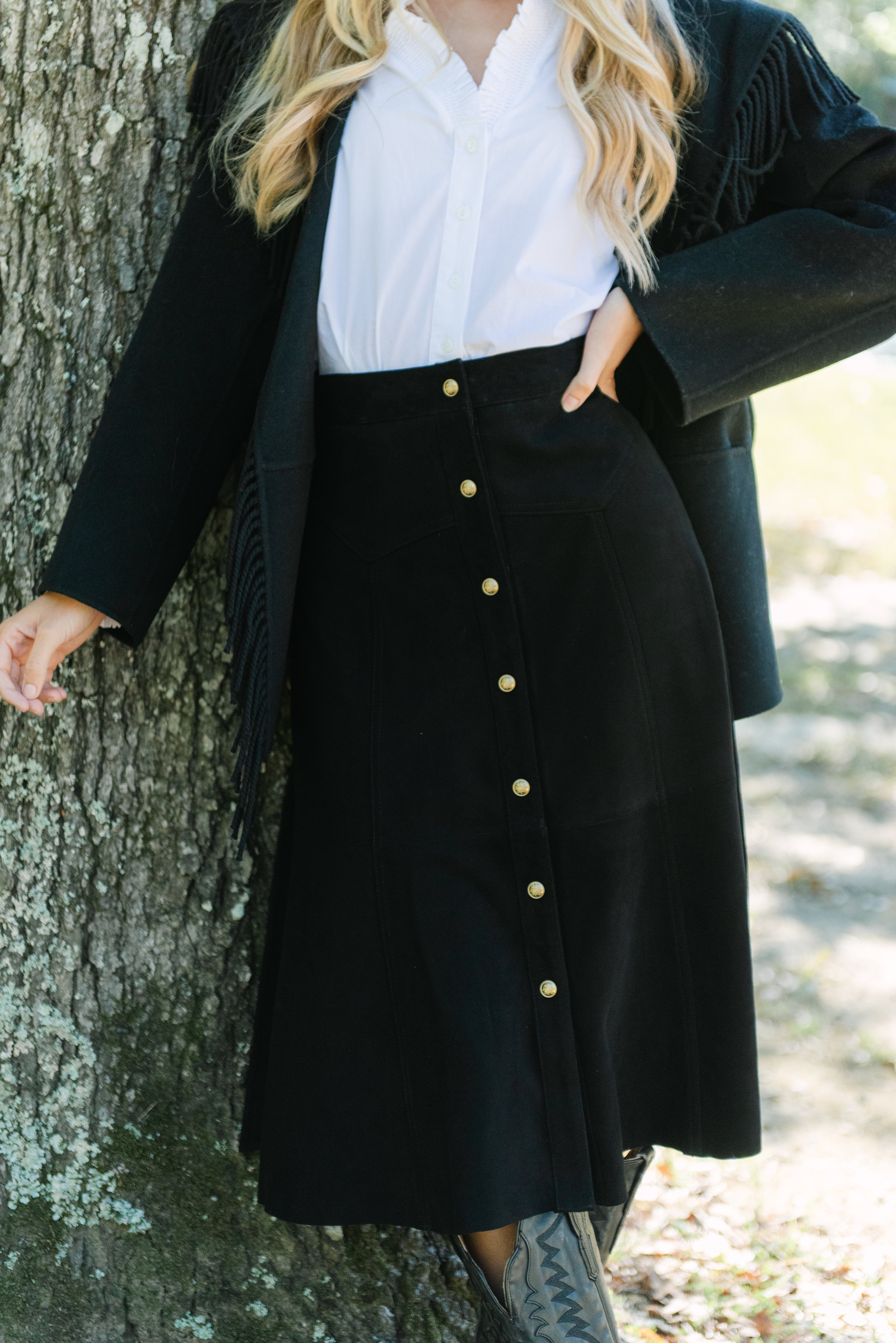 Alice + Olivia Calica Suede Snap Aline Midi Skirt in Black