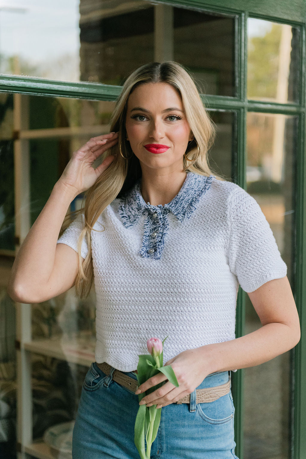 Central Park West Wren Scallop Edge Crochet Polo in Navy Combo
