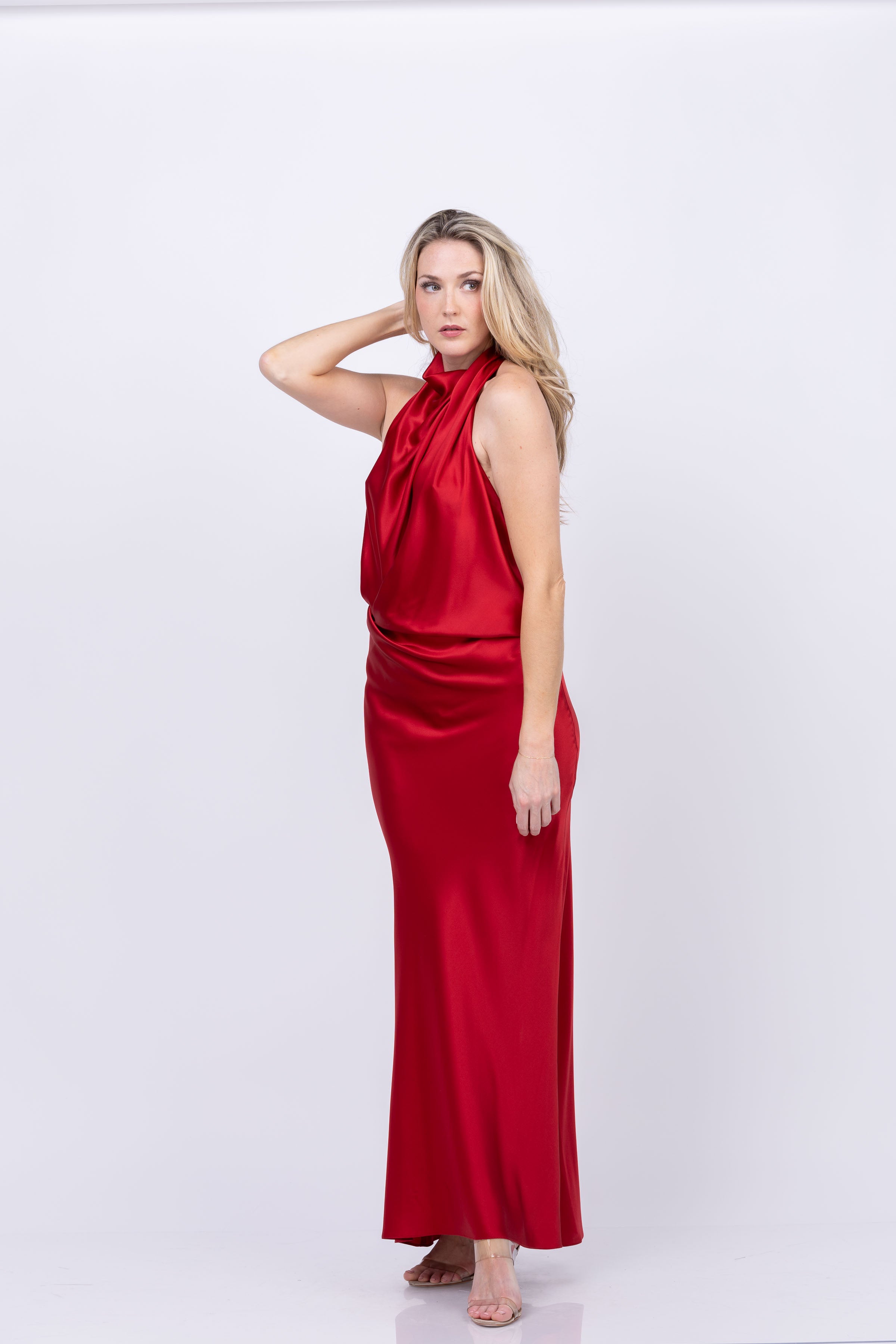 The Sei Halter Drape Bias Gown In Cherry | Formal Gowns & Casual Wear For Women The Sei Halter Drape Bias Gown In Cherry | Formal Gowns & Casual Wear For Women