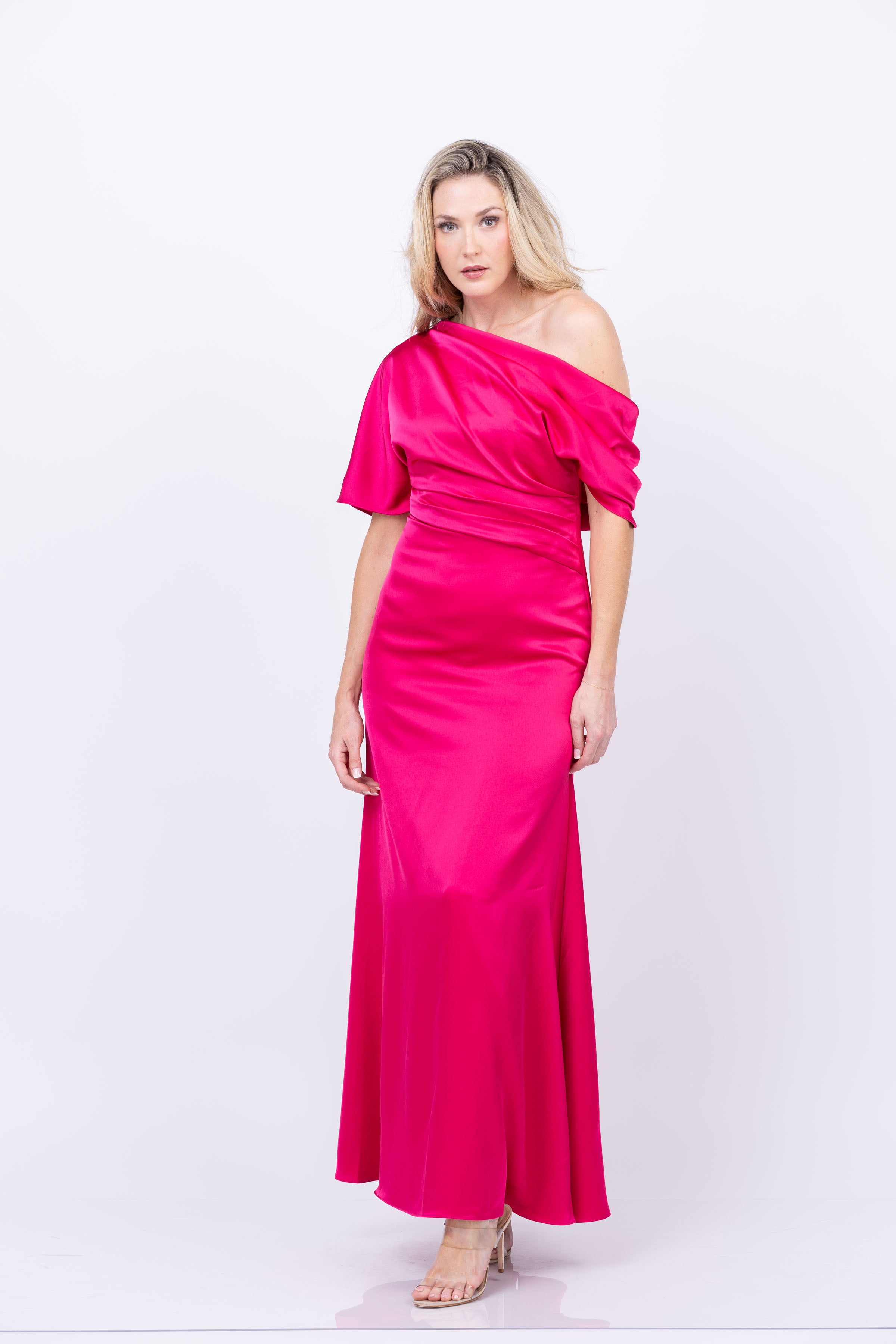 Theia Remi One Shoulder Draped Gown In Passionfruit