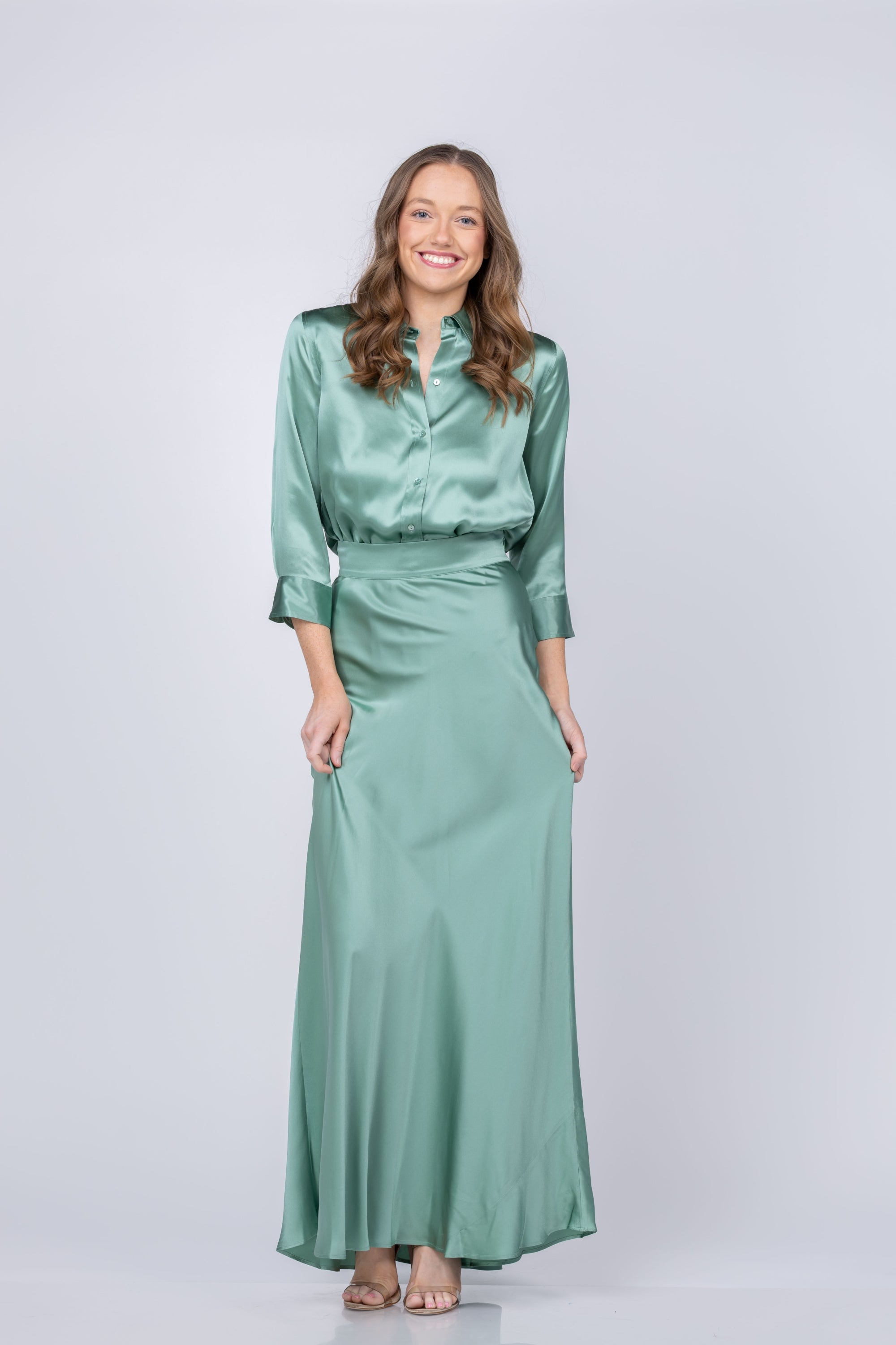 L'AGENCE Ryker Waistband Bias Skirt in Malachite Green