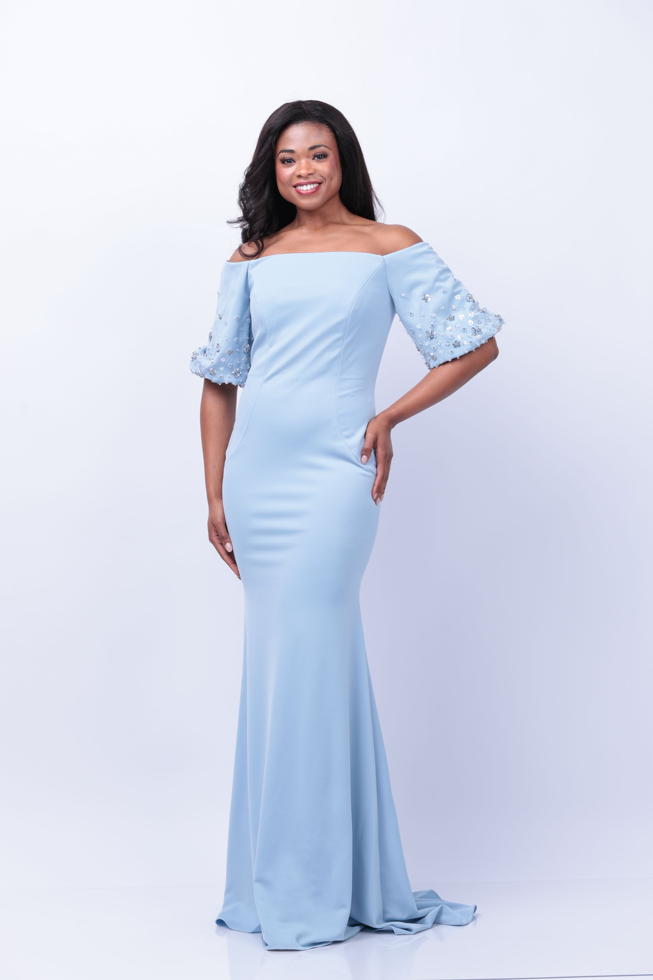 Jovani Off the Shoulder Short Sleeve Evening Gown in Light Blue Jovani Off the Shoulder Short Sleeve Evening Gown in Light Blue