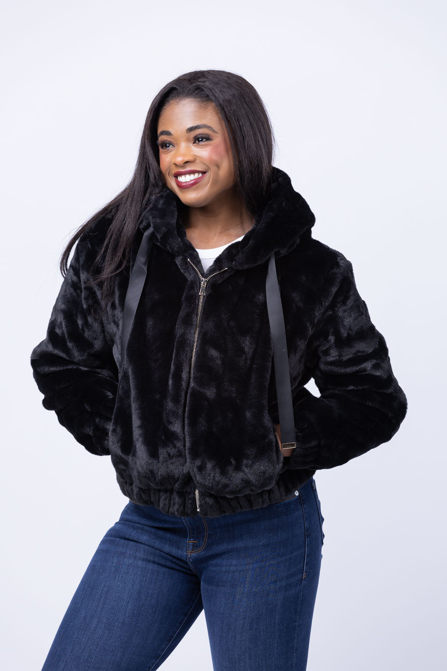 Love Token Sean Faux Fur Jacket in Black CoatTails