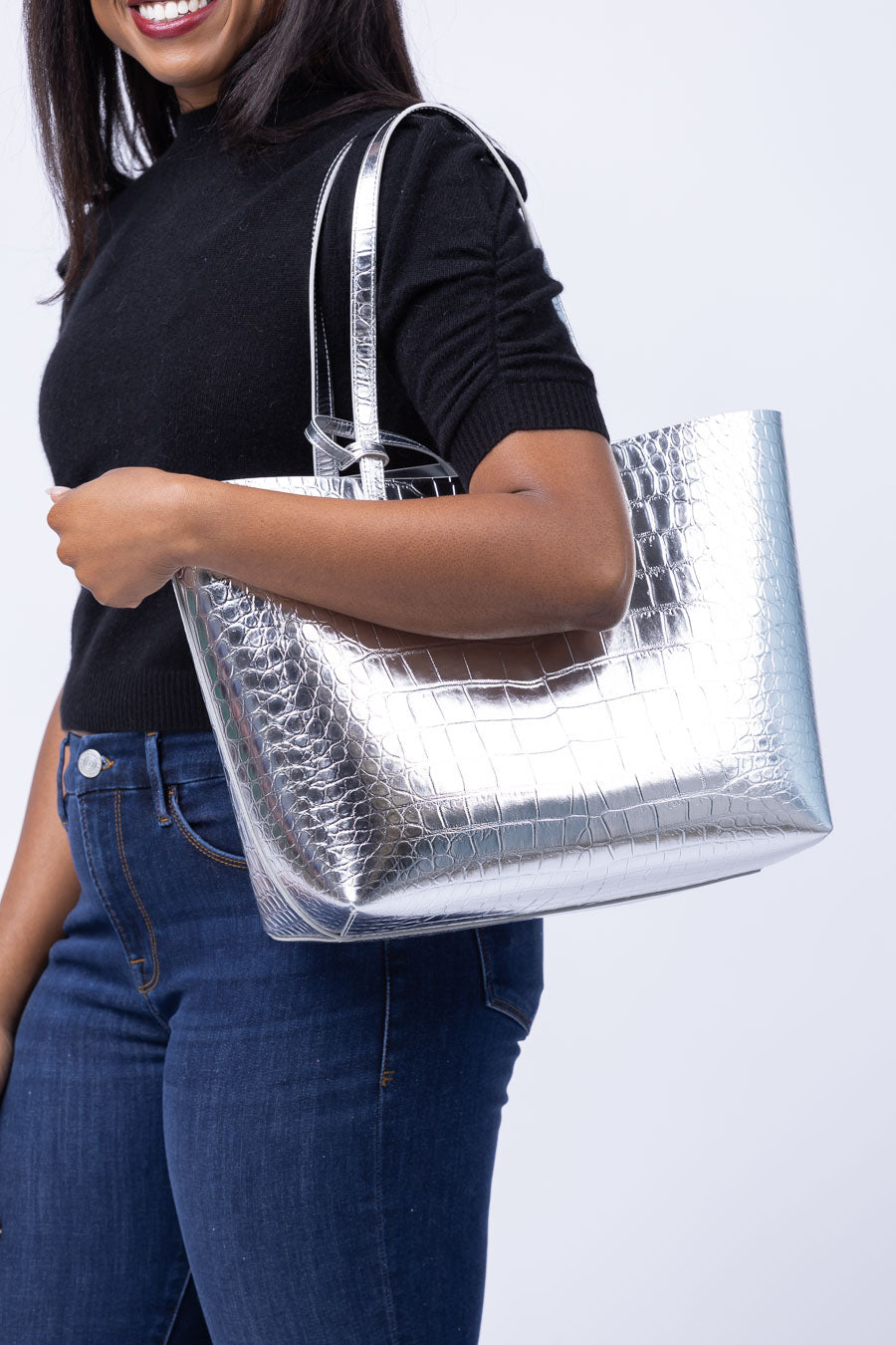 Mansur Gavriel Large Metallic Croc Tote in Silver CoatTails