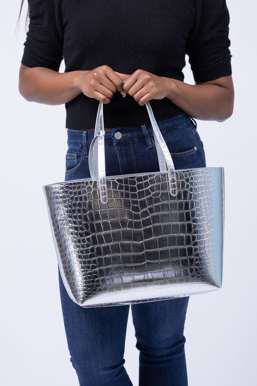 Mansur Gavriel Large Metallic Croc Tote in Silver
