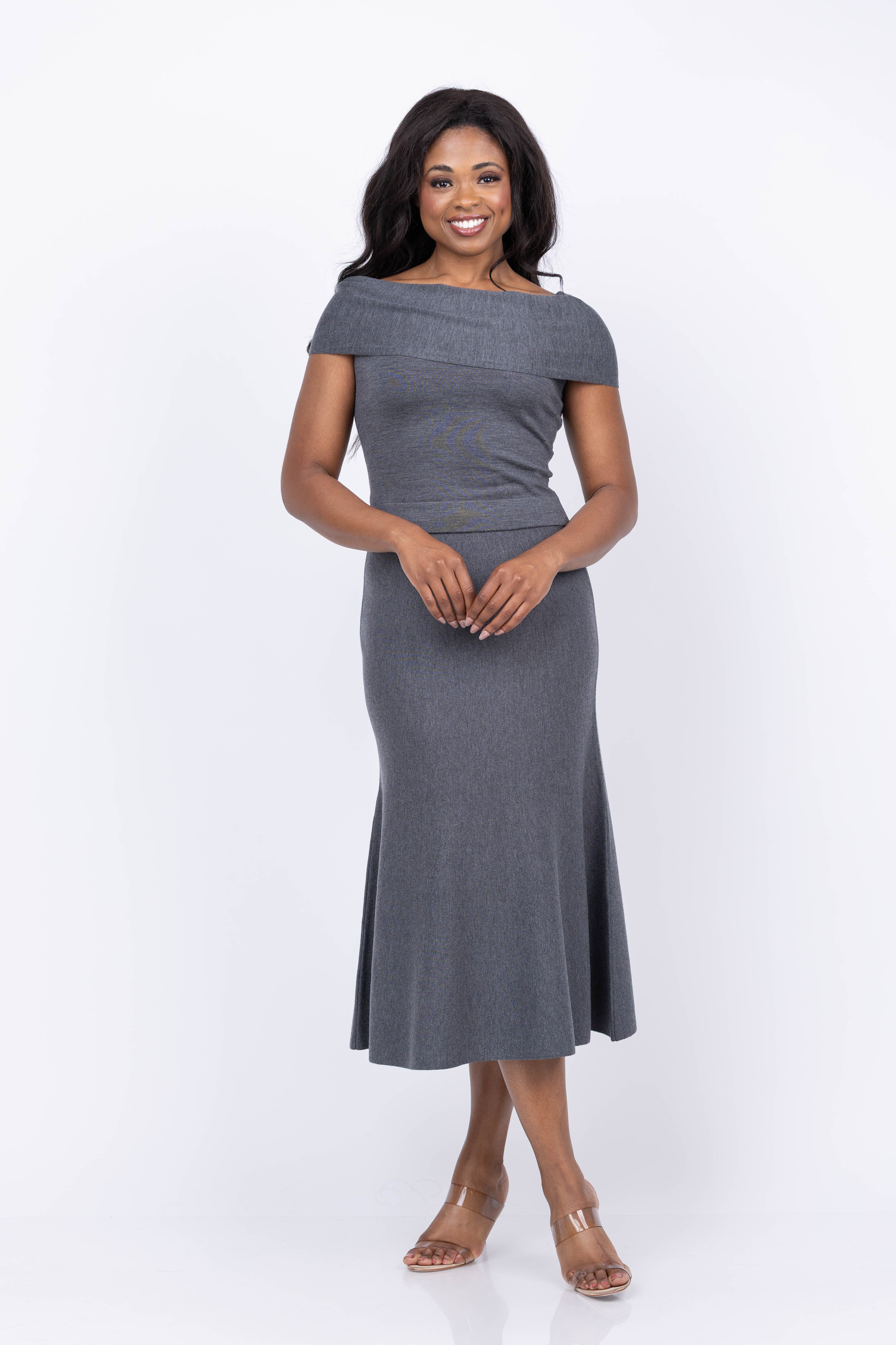 【Ameri／'25年4月】GEOMETRIC COMFY PILE SKIRT Simkhai Atwood Trumpet Skirt in Grey Melange