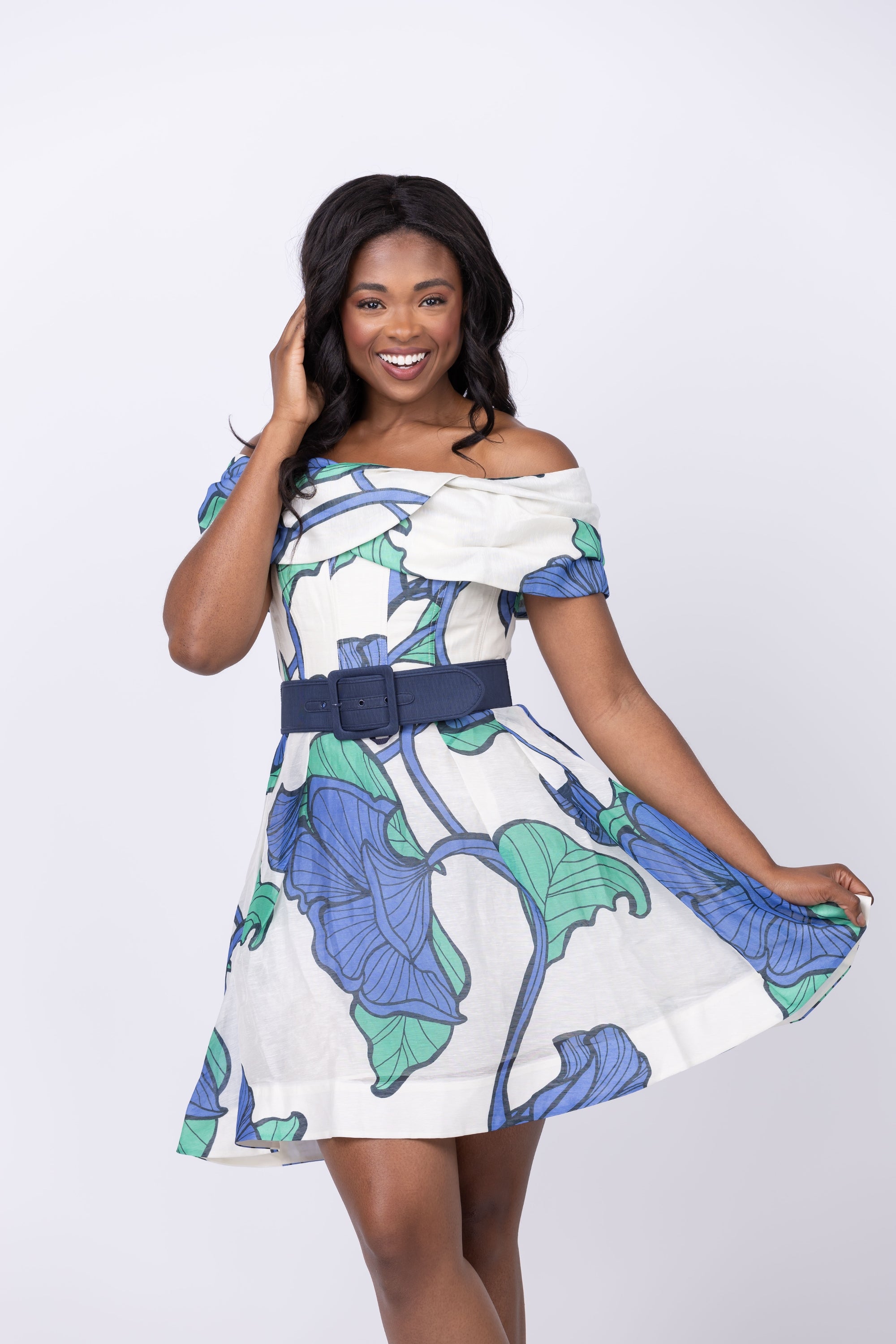 Rebecca Vallance Blue Ivy Off Shoulder Mini Dress in Print Rebecca Vallance Blue Ivy Off Shoulder Mini Dress in Print