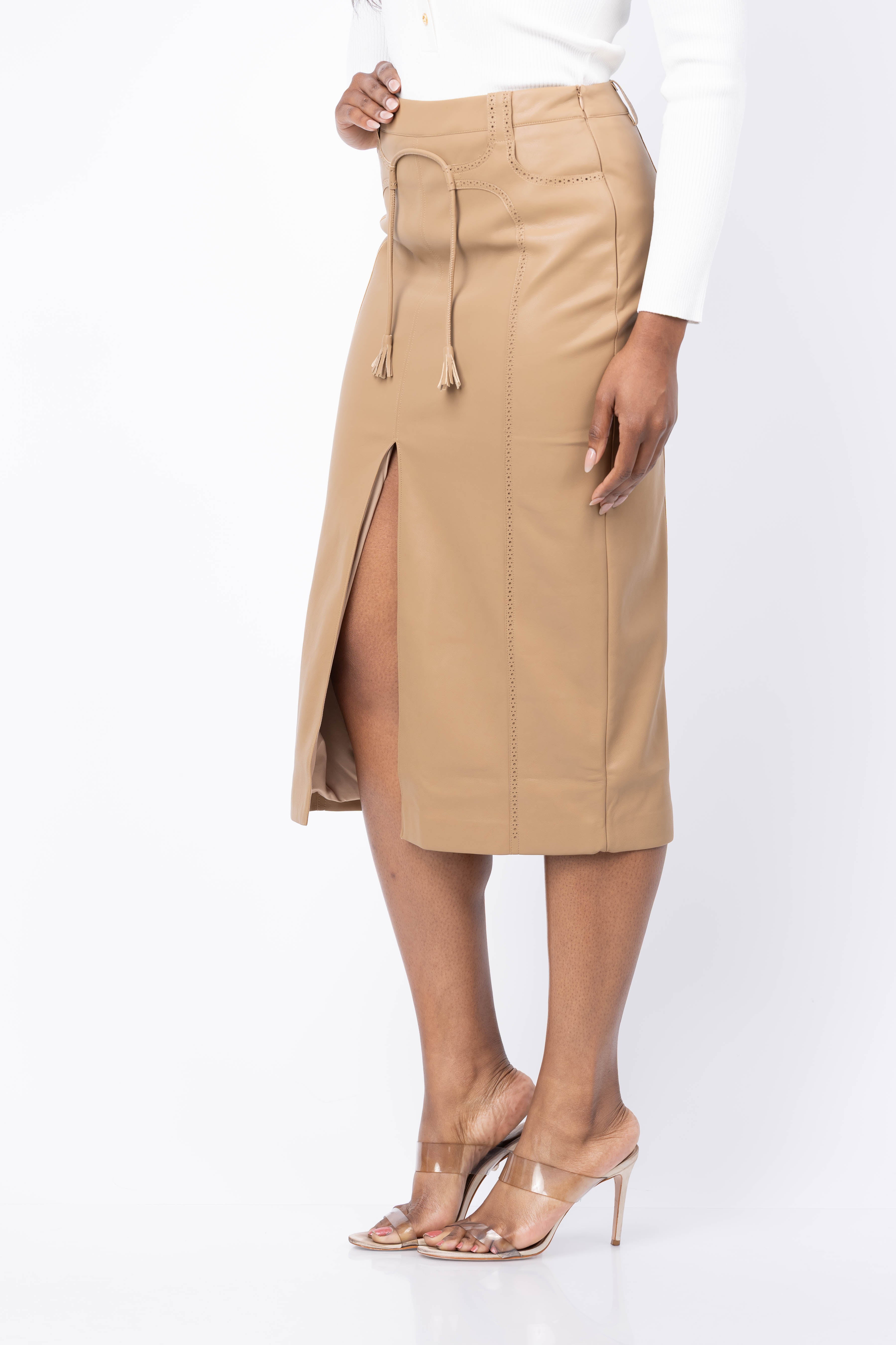 Karina Grimaldi Mona Vegan Leather Midi Skirt in Chestnut