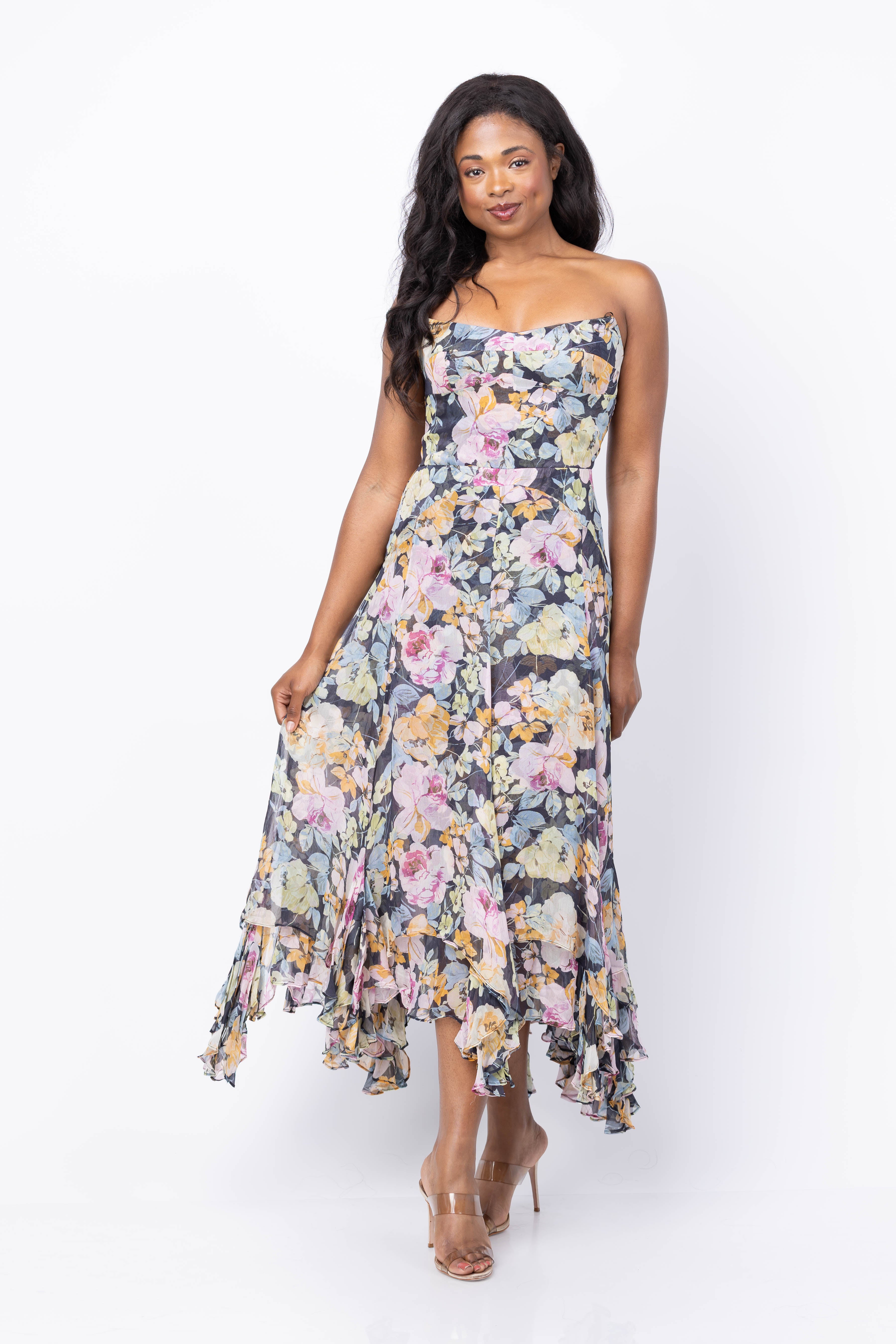 Strapless Midi Monterey Dress in Lisboa Print Chiffon | M