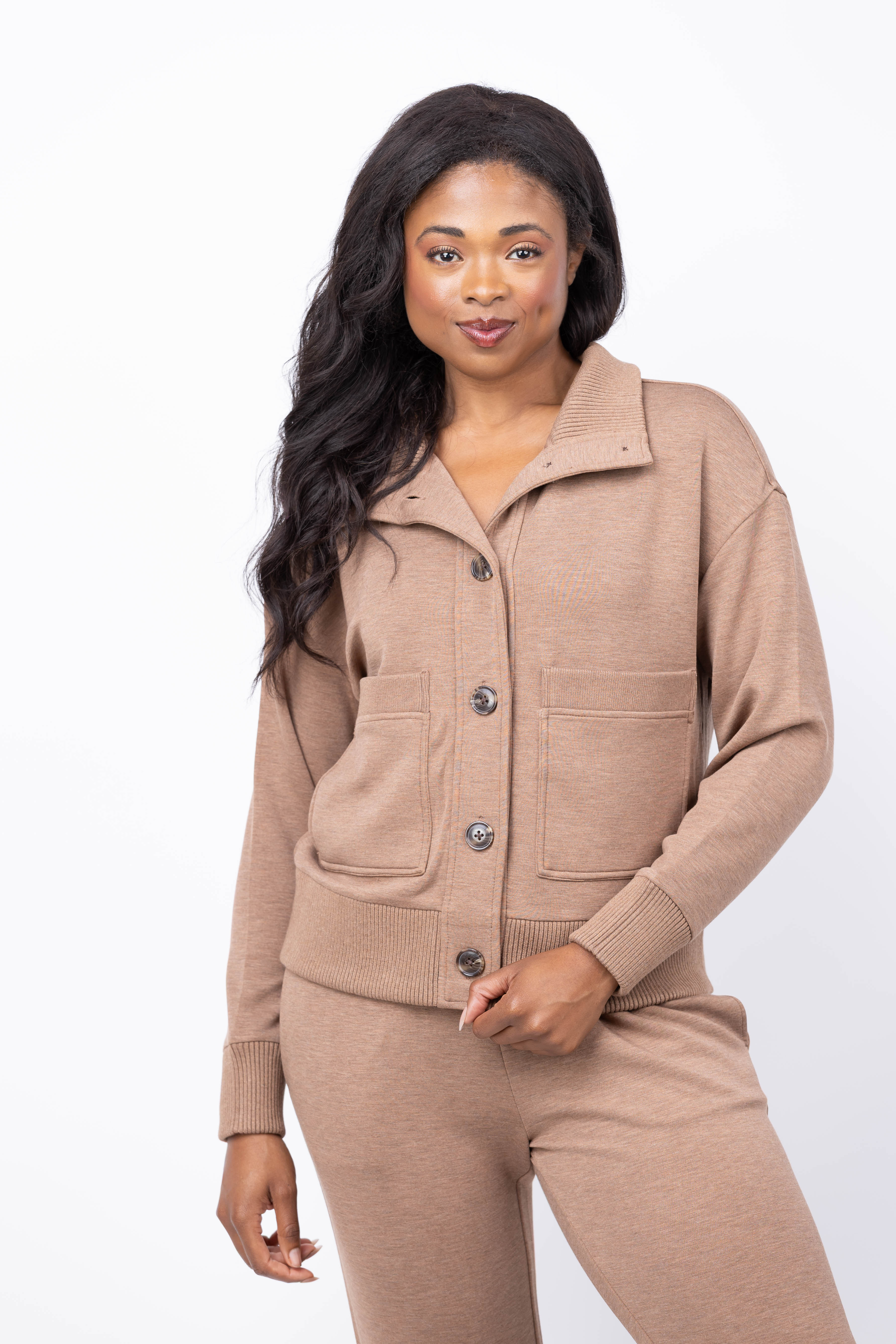 Varley Sabrina Button Through Sweat in Golden Bronze Marl
