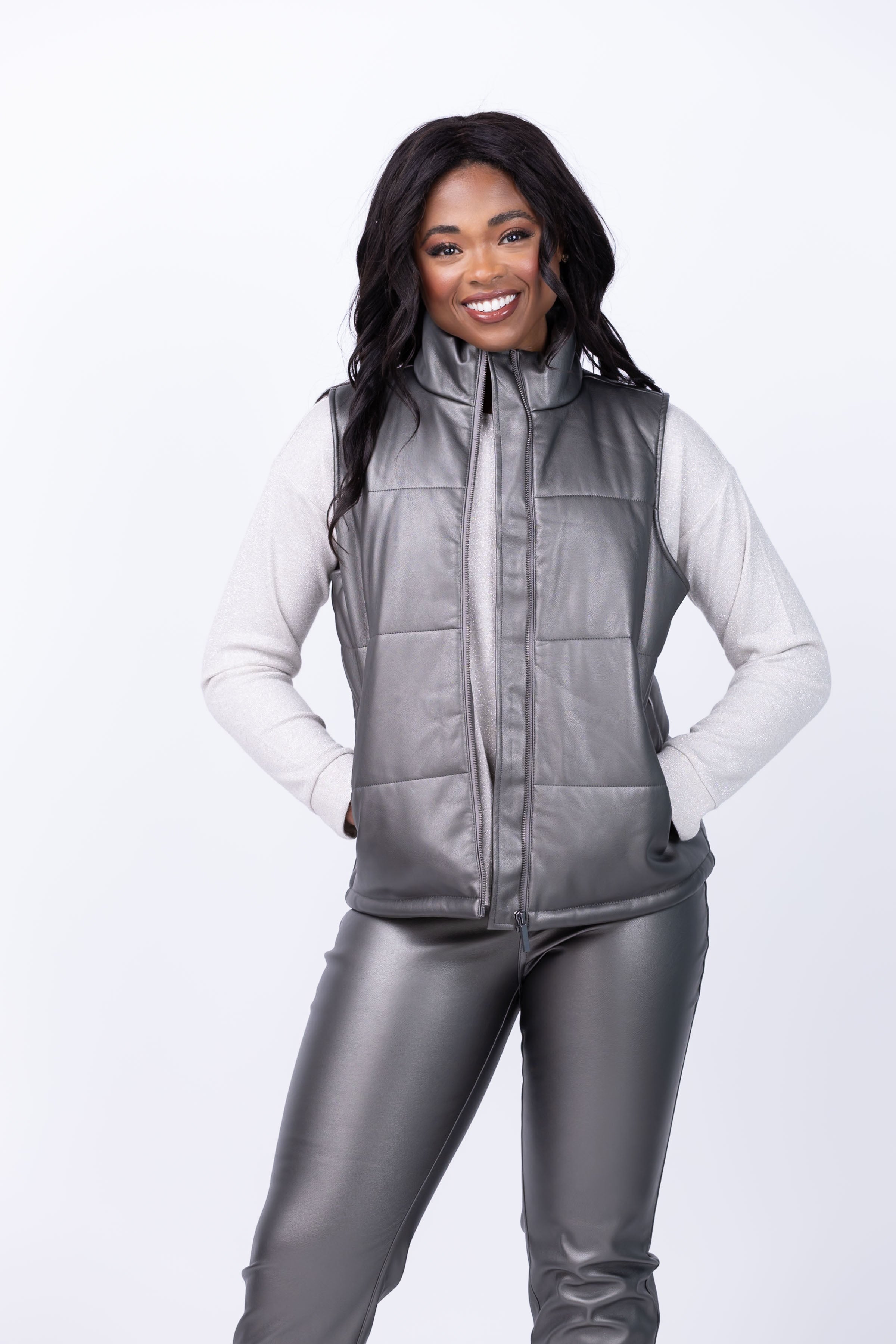 Nic + Zoe Metallic Faux Leather Puffer Vest in Bronze