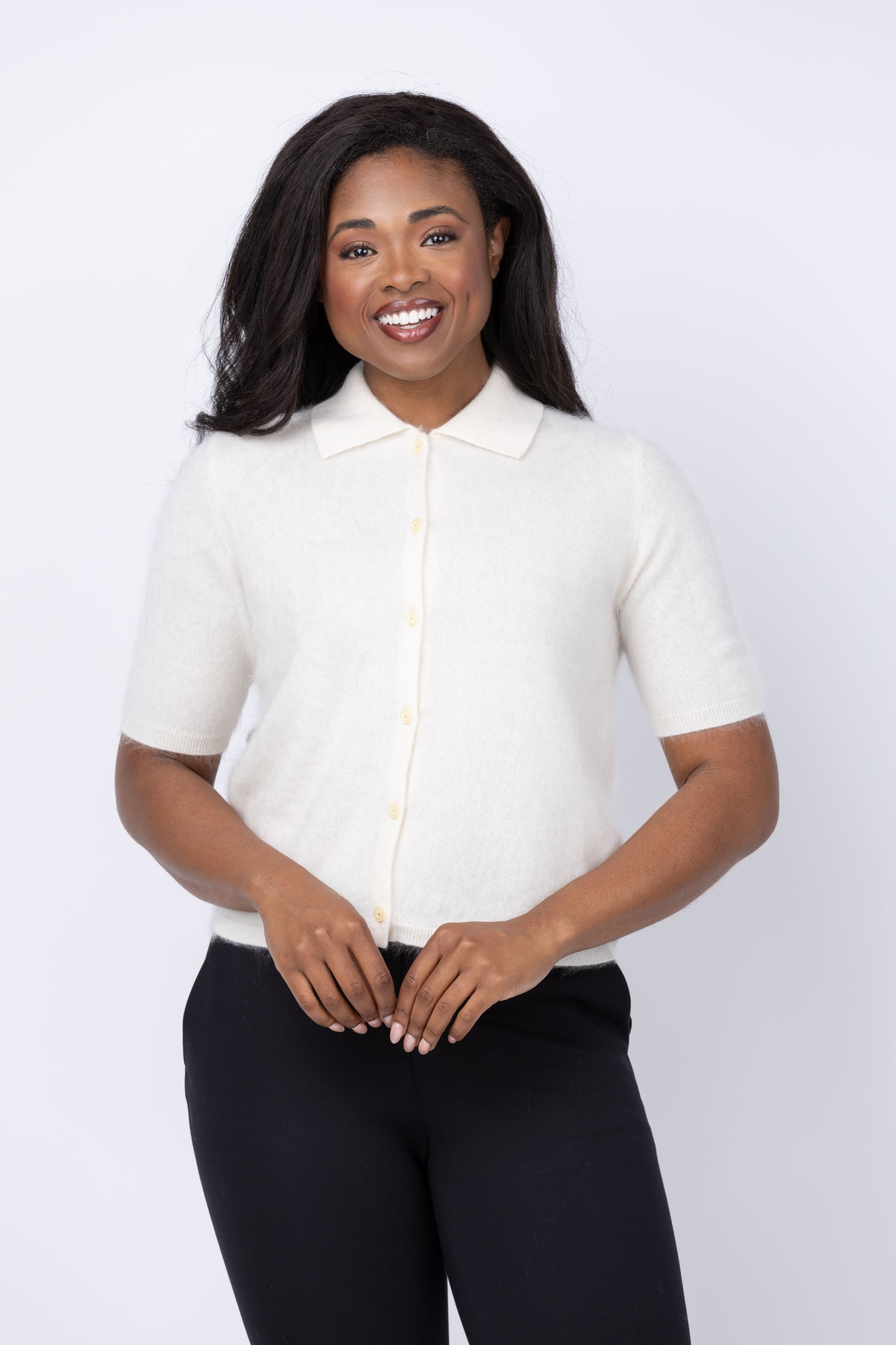 Theory Brushed Short Sleeve Cardigan in Ivory