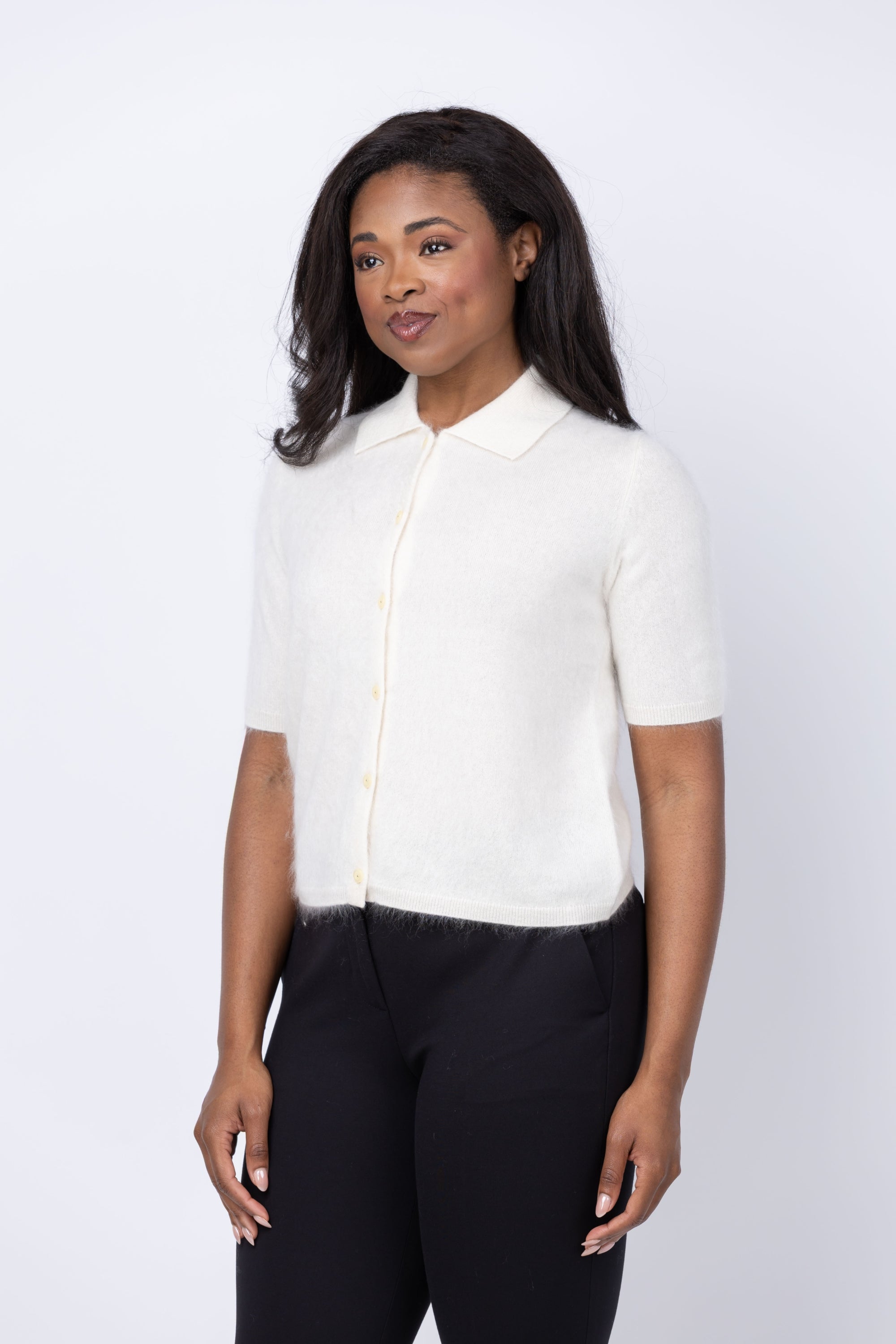 Theory Brushed Short Sleeve Cardigan in Ivory