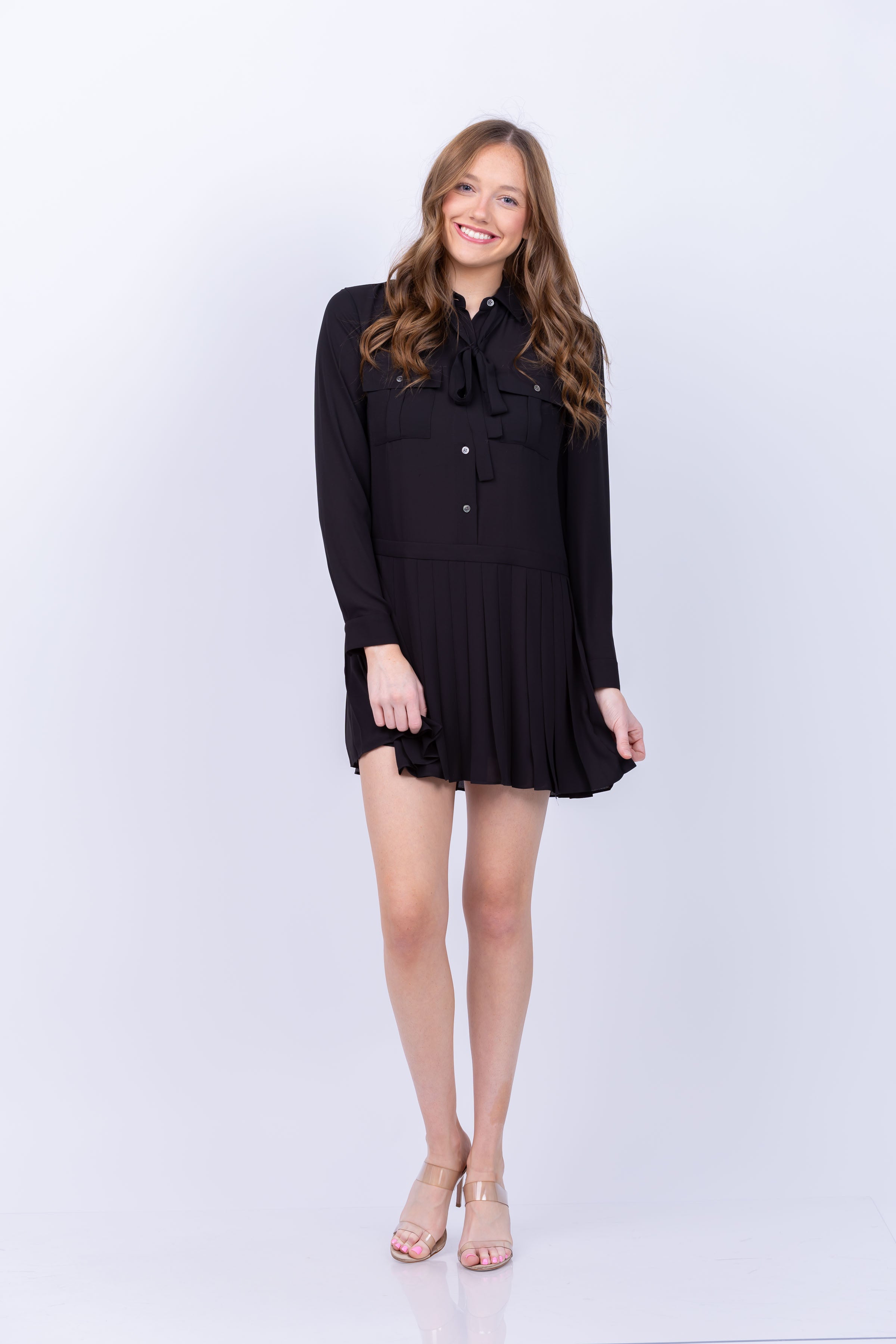 Theory Long Sleeve Pleated Skirt Min Poly in Black Theory Long Sleeve Pleated Skirt Min Poly in Black