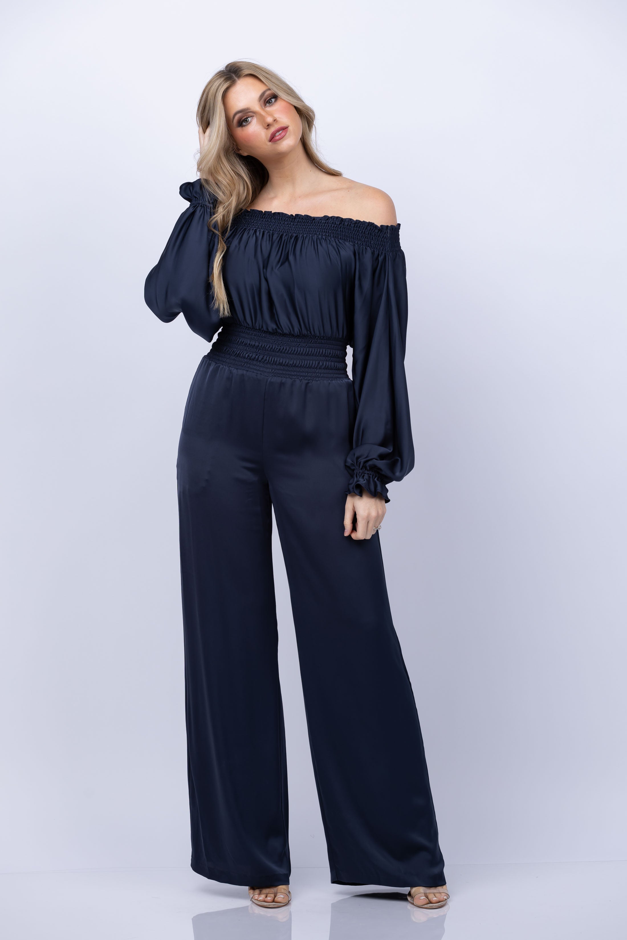 Navy blue off the cheap shoulder jumpsuit