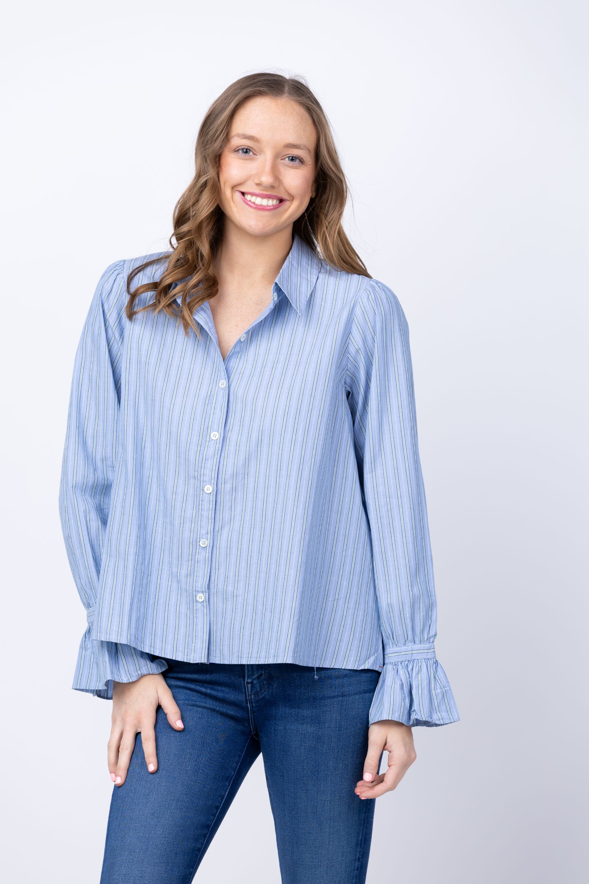 最終値★XIRENA  STRIPE シャツ ブルー L'APPARTEMENT XiRENA Sybil Shirt in Chambray Teal Stripe