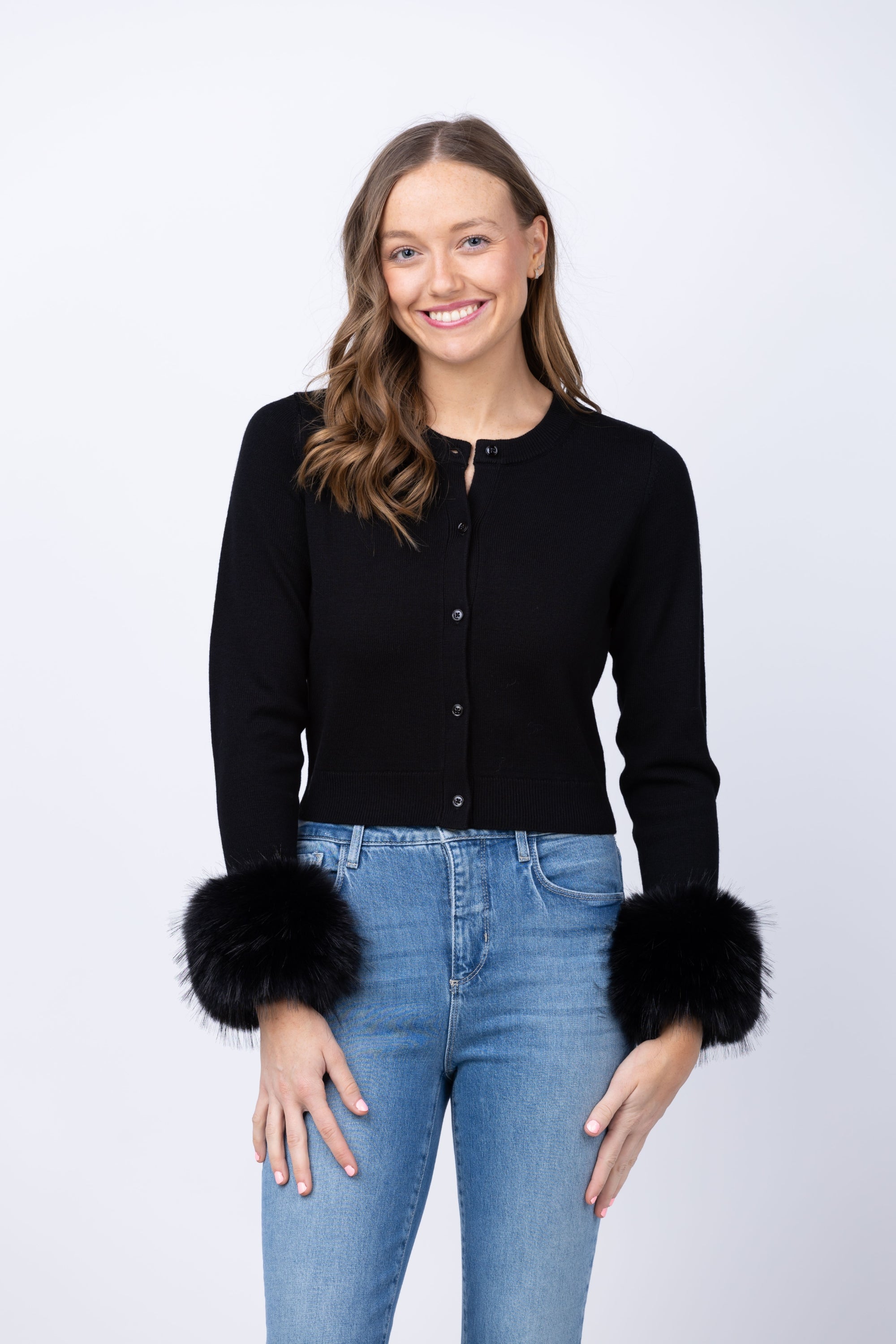 Alice + Olivia Dollie Faux Fur Cuff Cardigan in Black