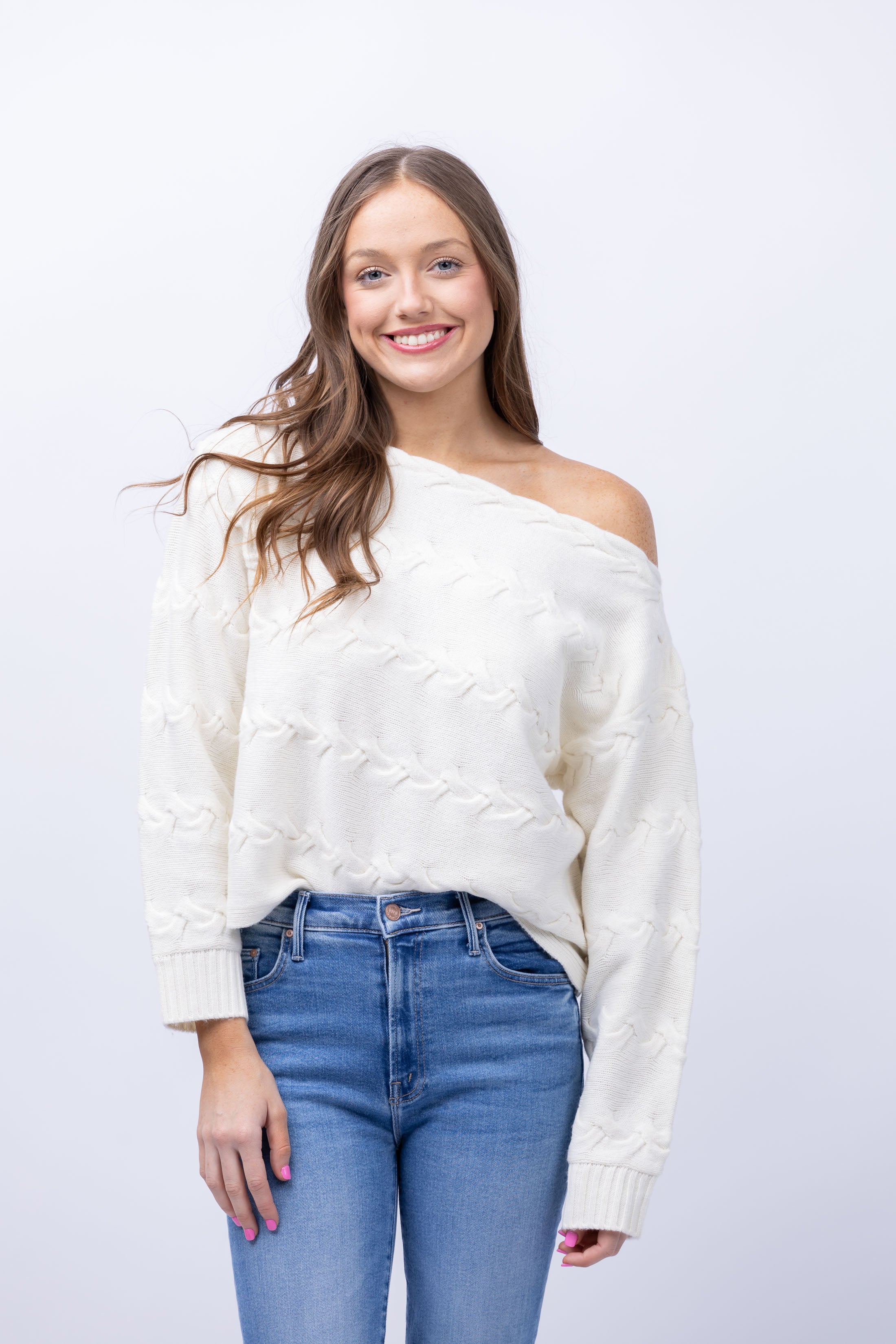 L'AGENCE Shan Off The Shoulder Cable Knit Sweater in Ivory