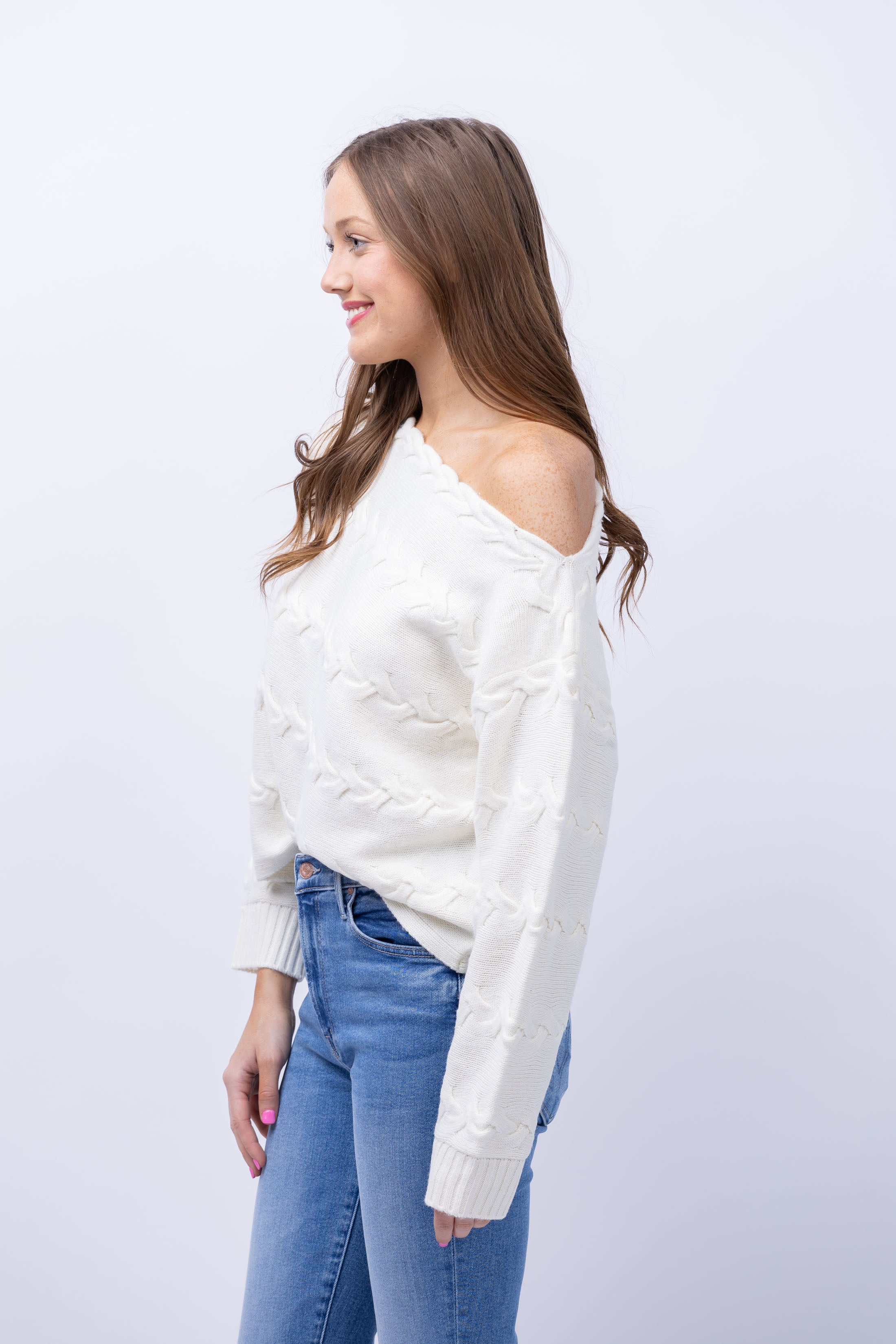 L'AGENCE Shan Off The Shoulder Cable Knit Sweater in Ivory