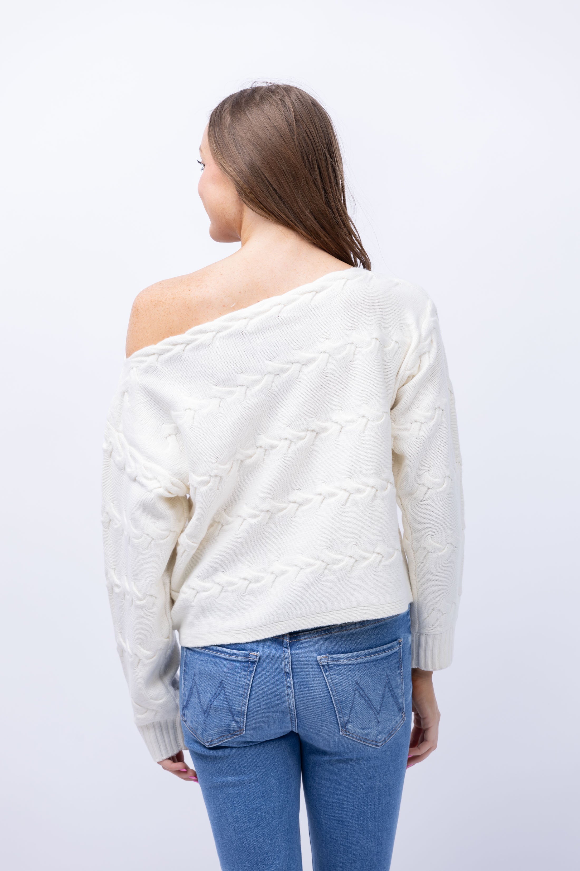 L'AGENCE Shan Off The Shoulder Cable Knit Sweater in Ivory