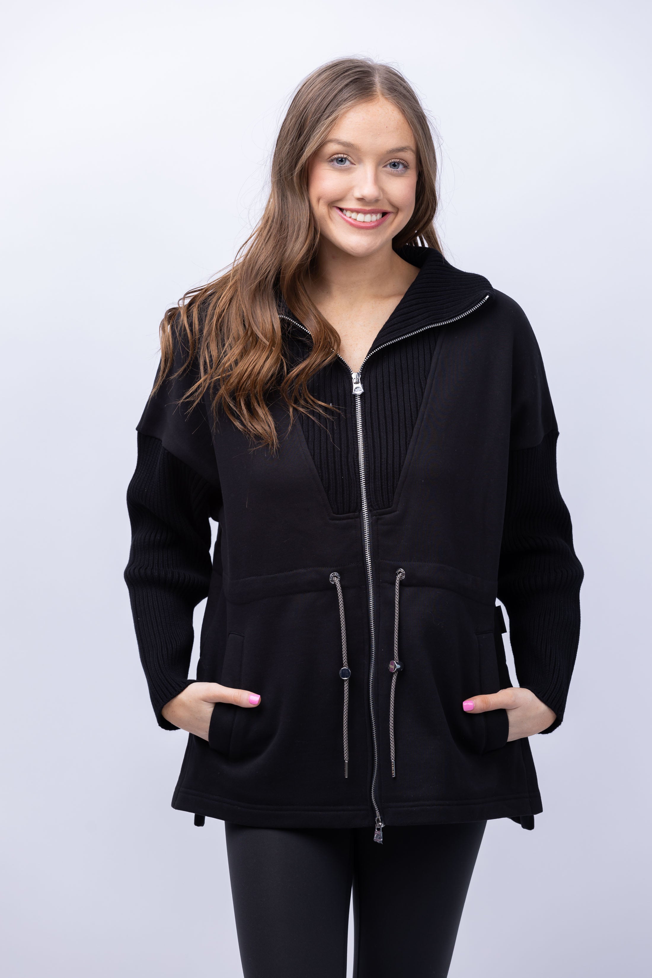 Varley Cotswold Longline Zip Through Jacket in Black CoatTails