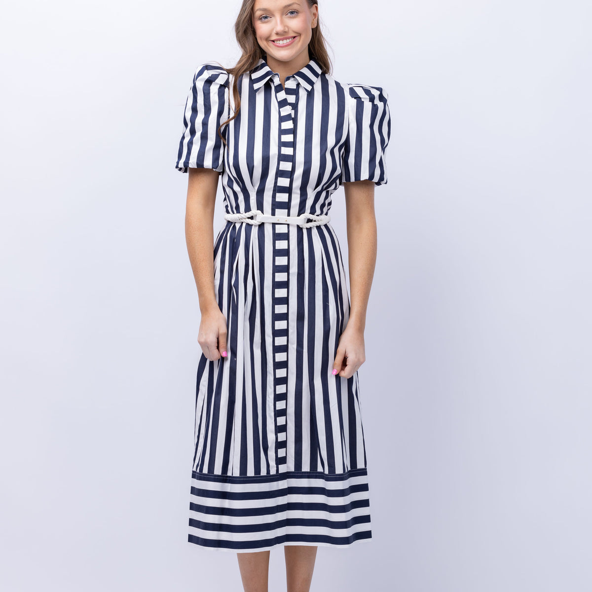 Rebecca Vallance Katerina Puff Sleeve Midi Dress in Navy Stripe – CoatTails