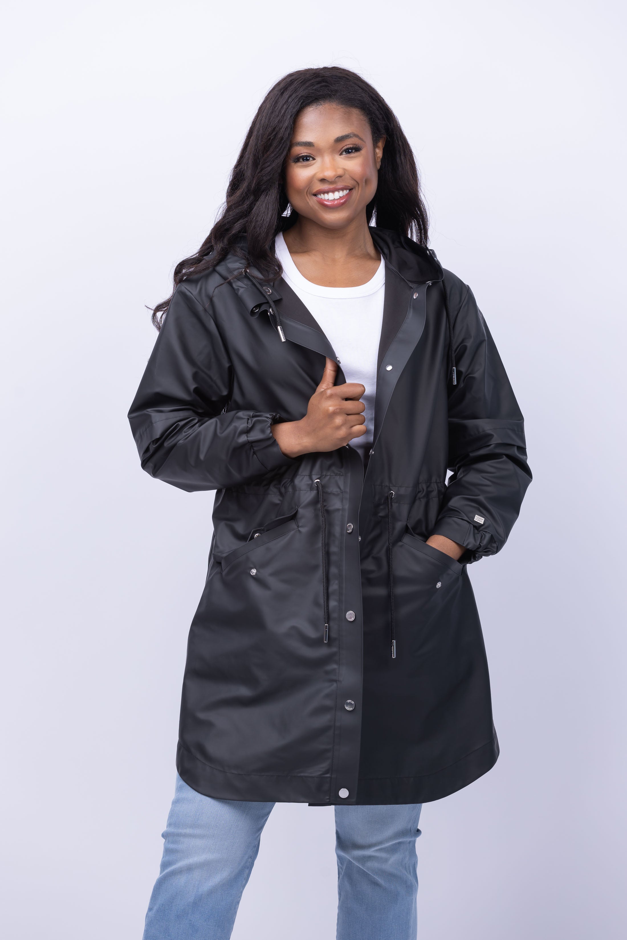 Long black raincoat with hot sale hood