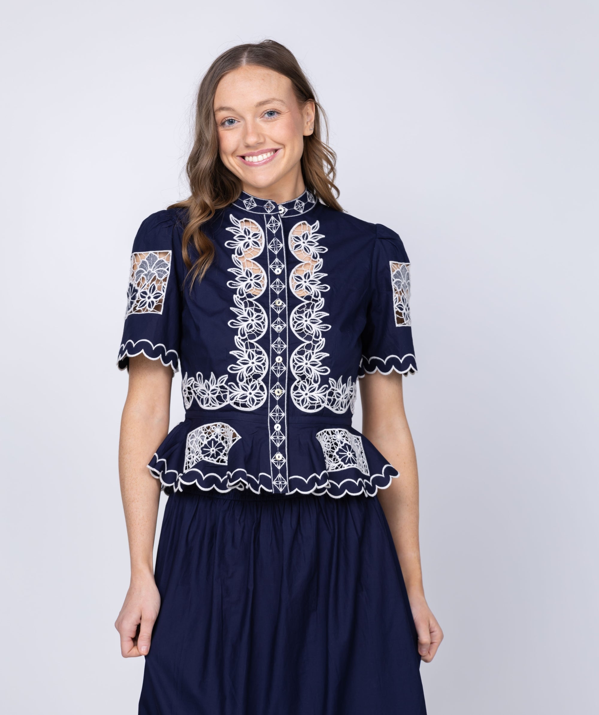 Love The Label Elizabeth Top in Navy w/ Ivory Embroidery