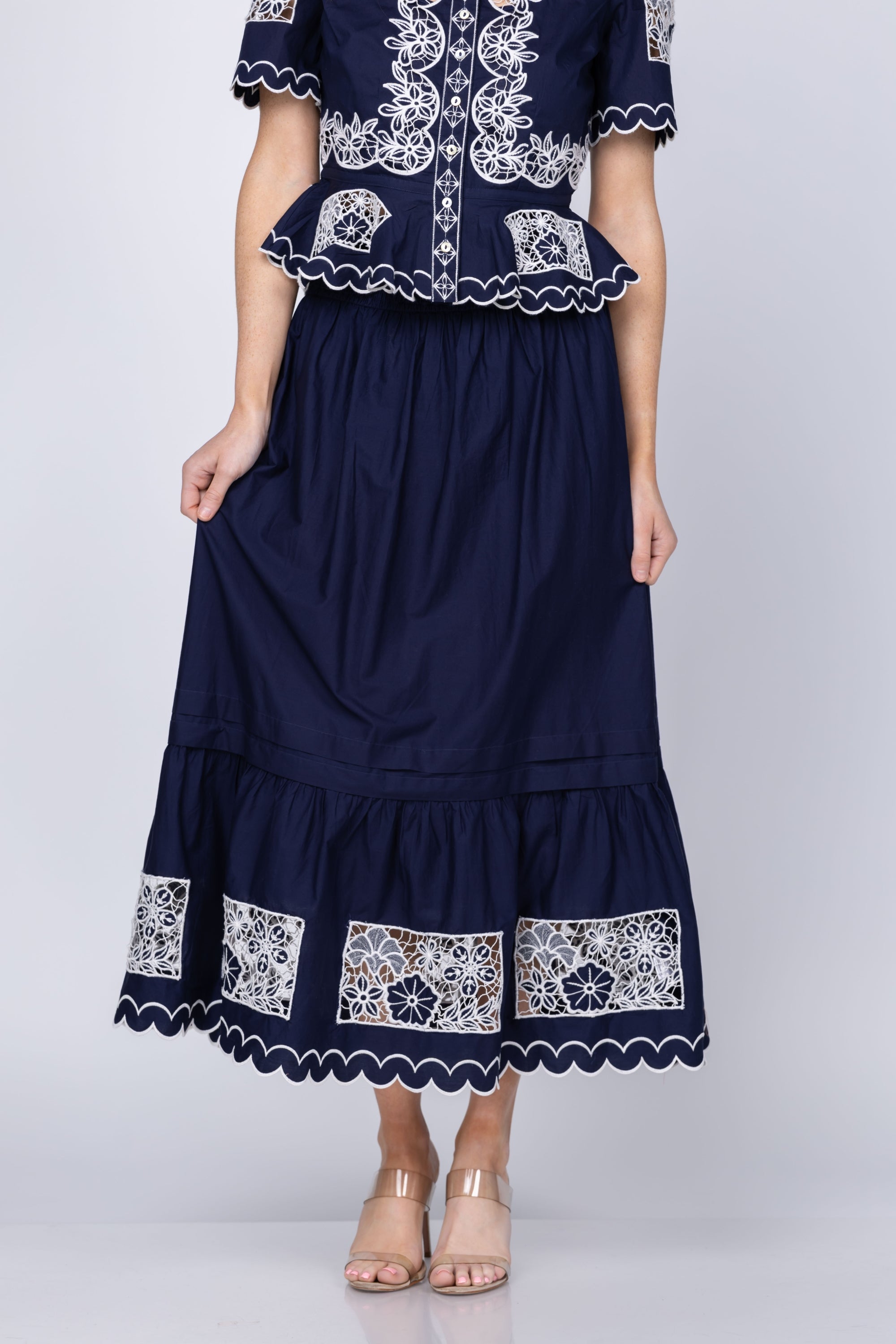 Love The Label Nolan Skirt in Navy w/ Ivory Embroidery
