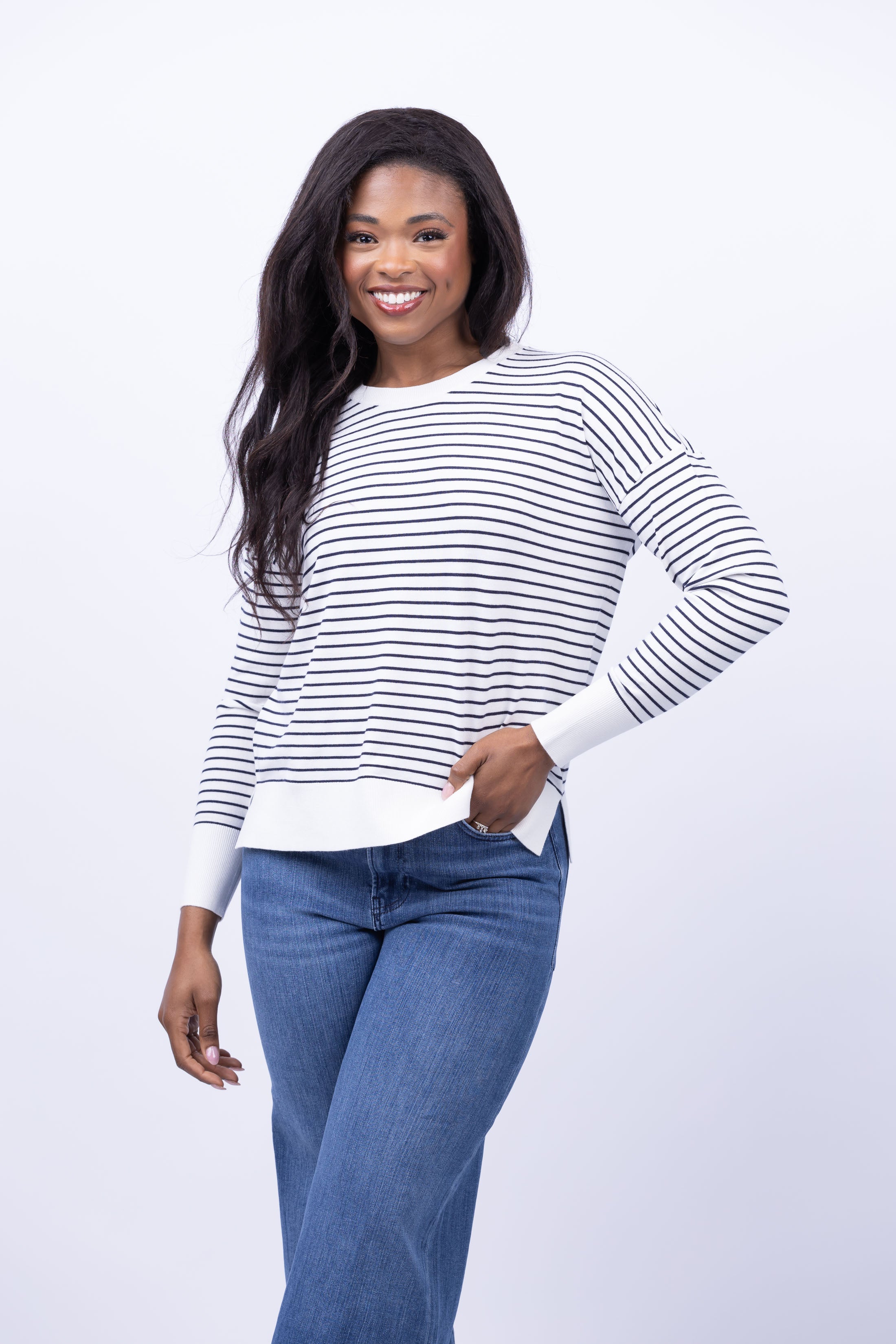 Navy and discount white striped sweatshirt