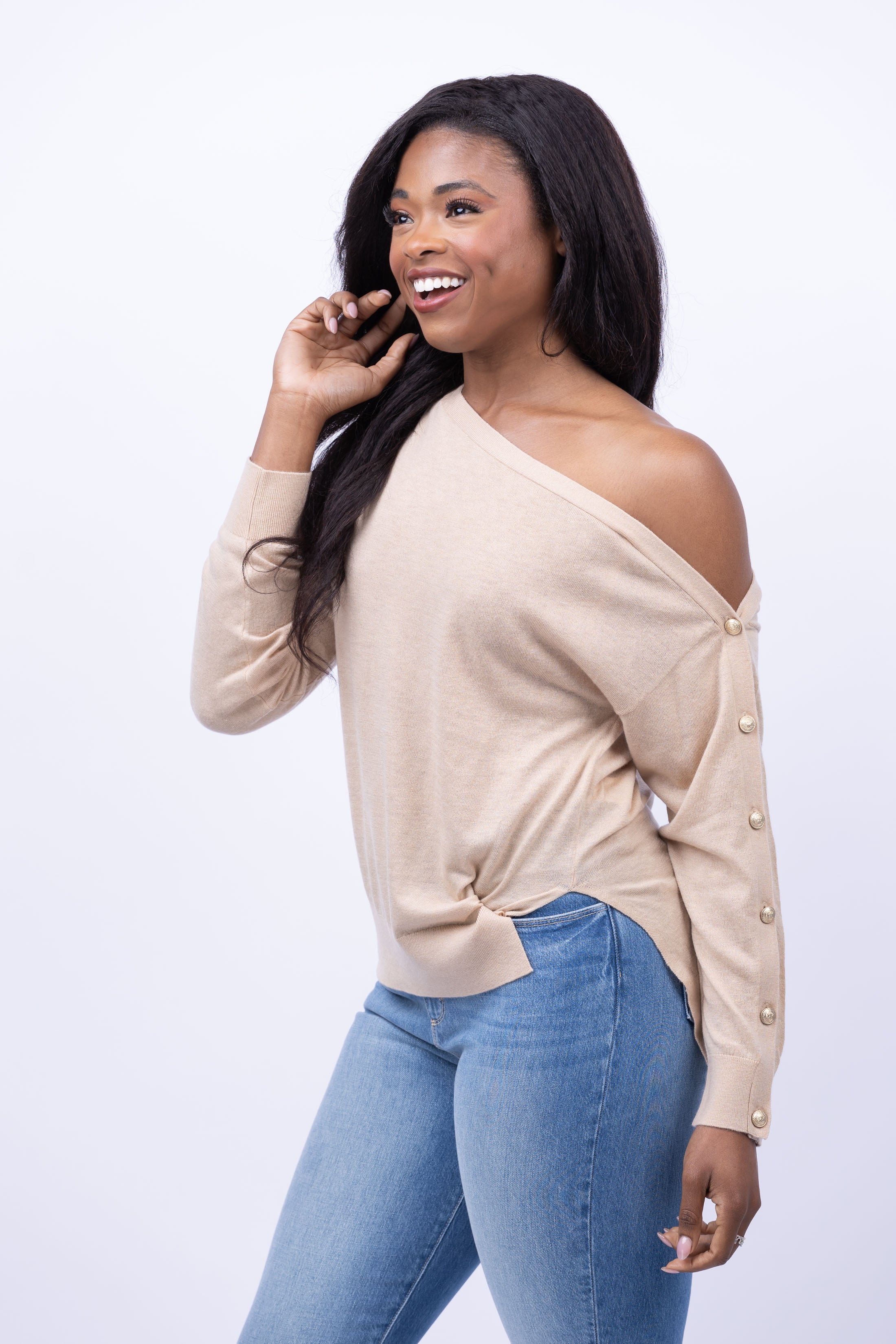 L’AGENCE high quality Skye Off Shoulder Sweater in Brown