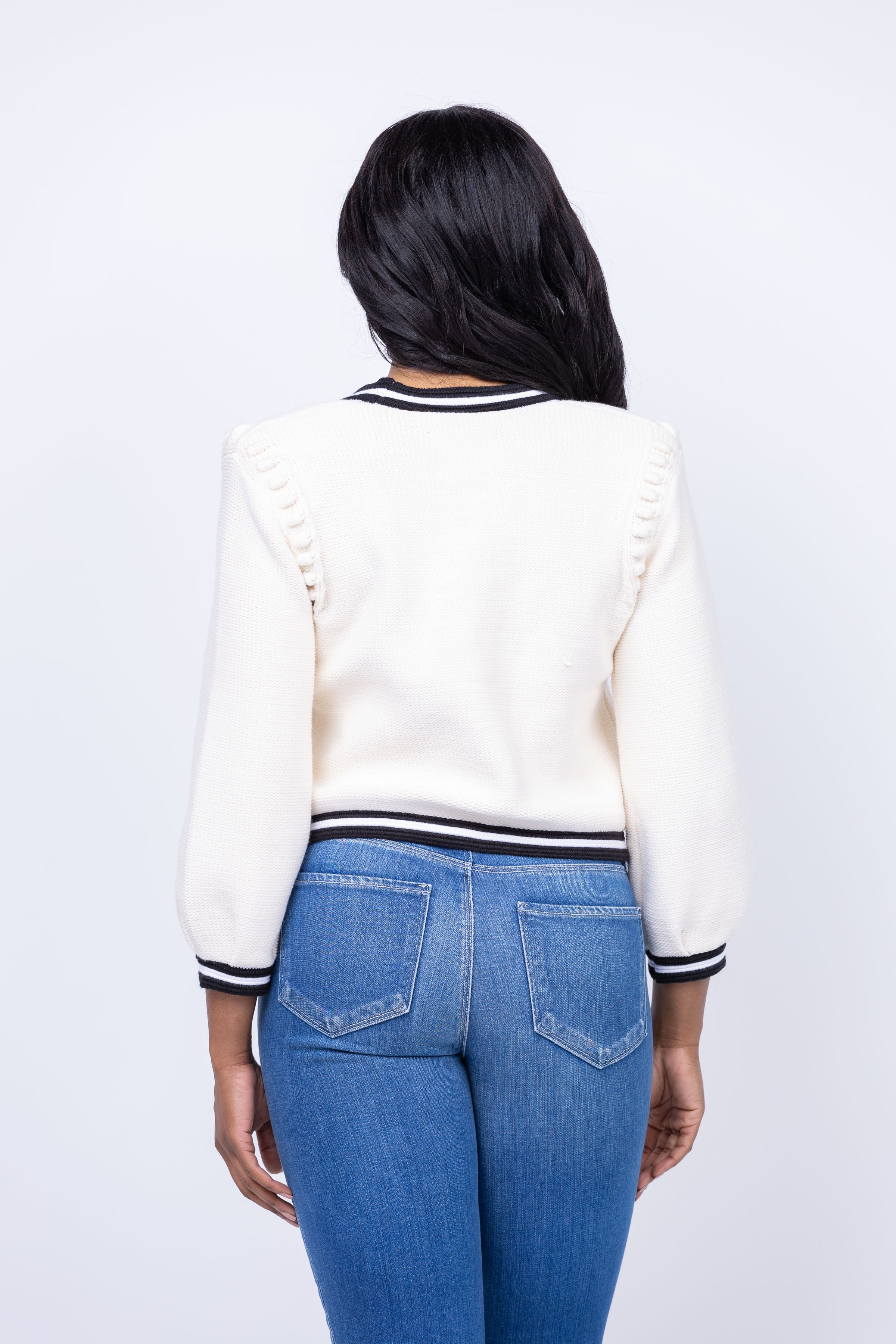L'Agence Kaito Contrast Trim Cropped Cardigan in Ivory/Black