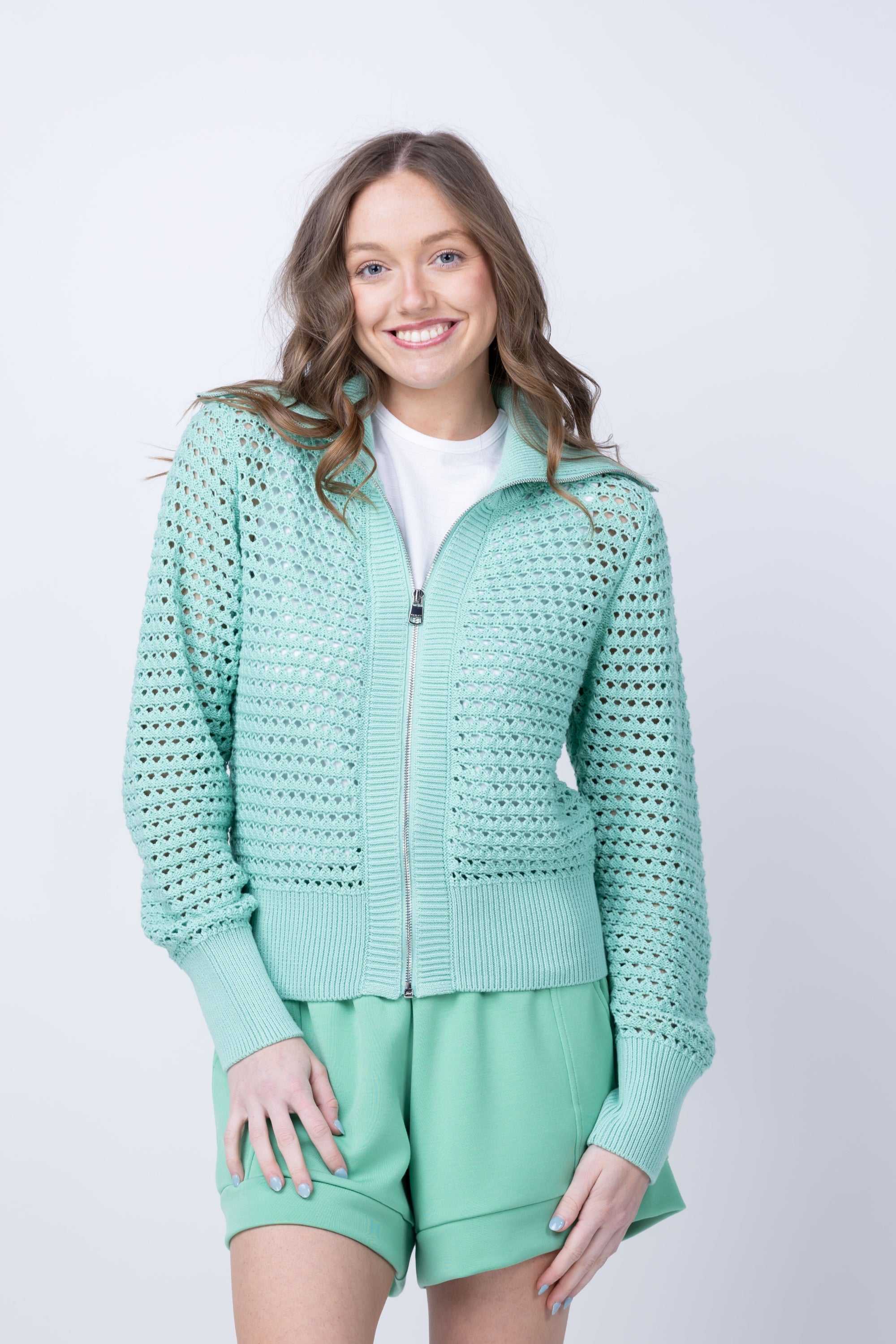 Varley Eloise Full Zip Knit Sweater in Dusty Jade Green