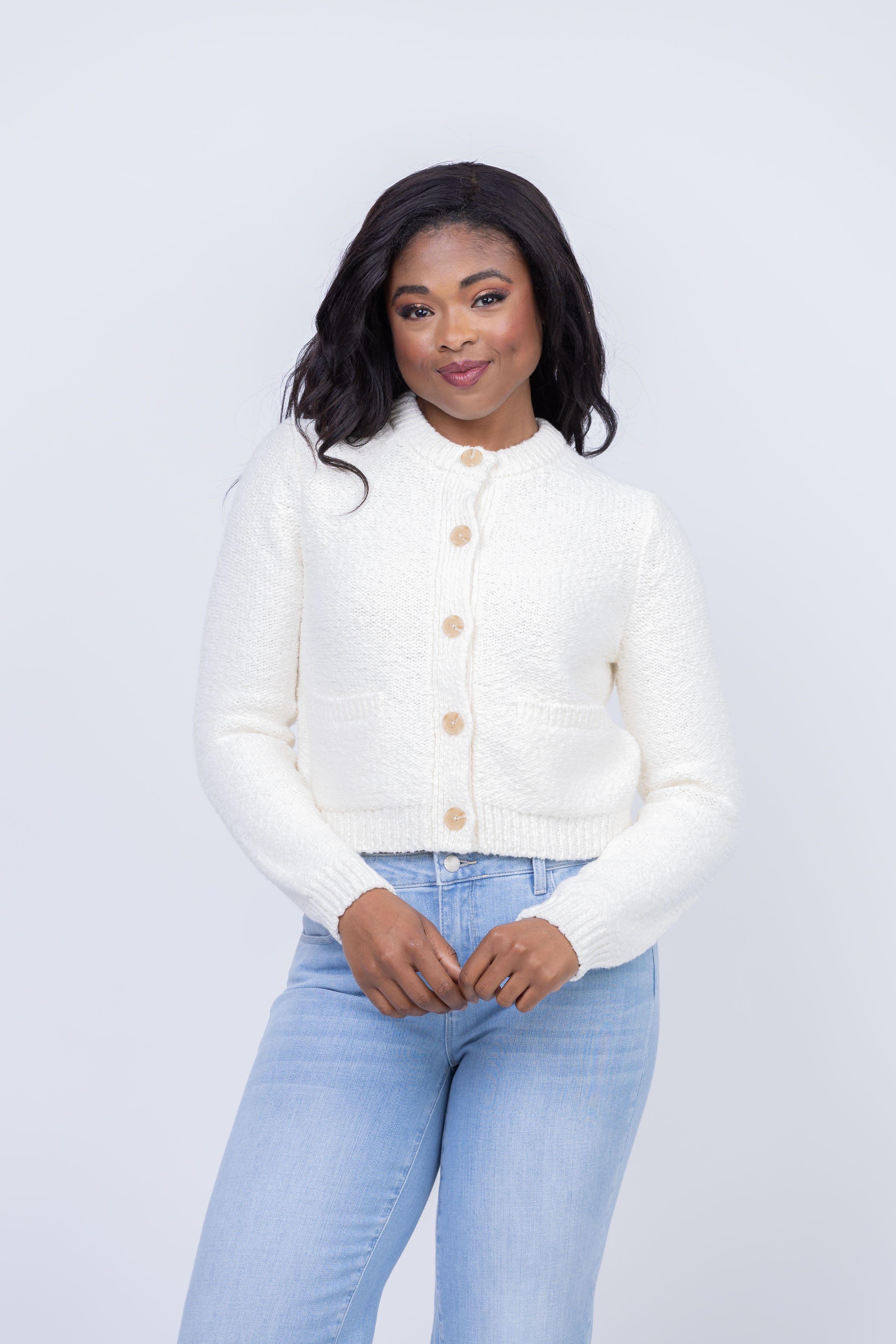 White + Warren Cotton Slub Pocket Cardigan in Ivory