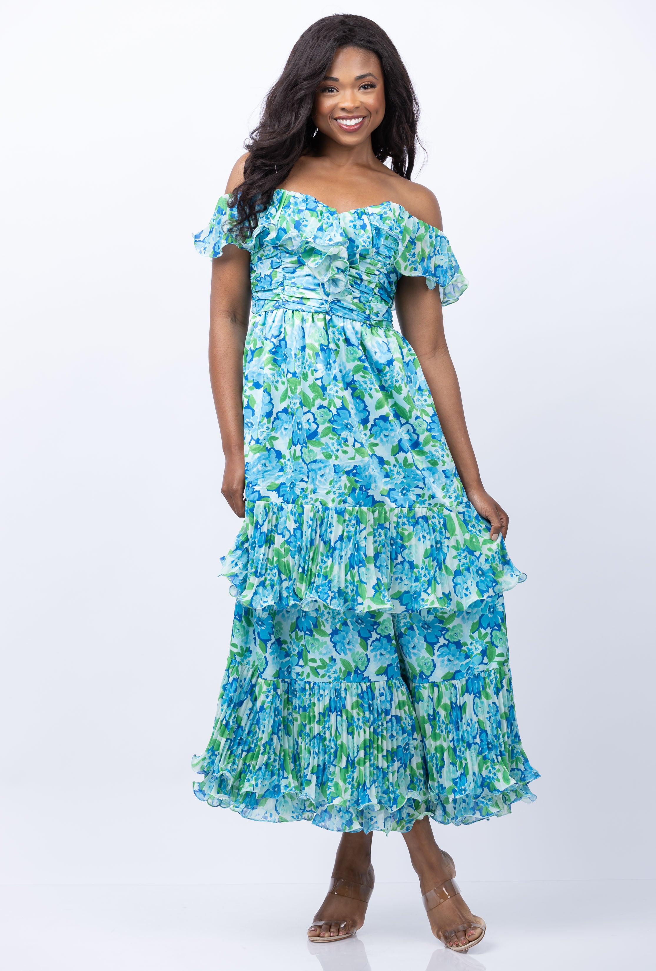 Amur Pia Pleated Midi Dress In Garden Blues | Formal Gowns & Casual Wear For Women Amur Pia Pleated Midi Dress In Garden Blues | Formal Gowns & Casual Wear For Women