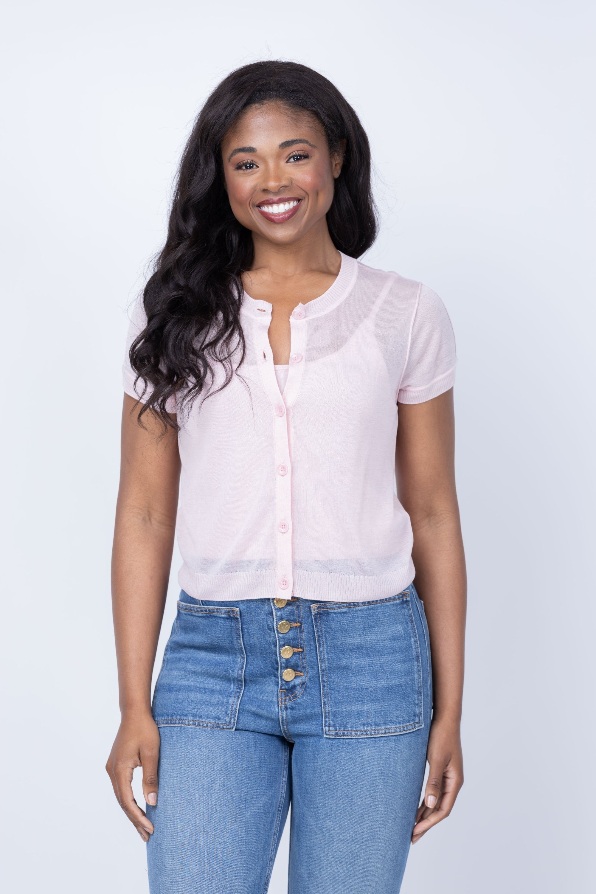 Central Park West Serena Sheer Cardi With Cami in Baby Pink