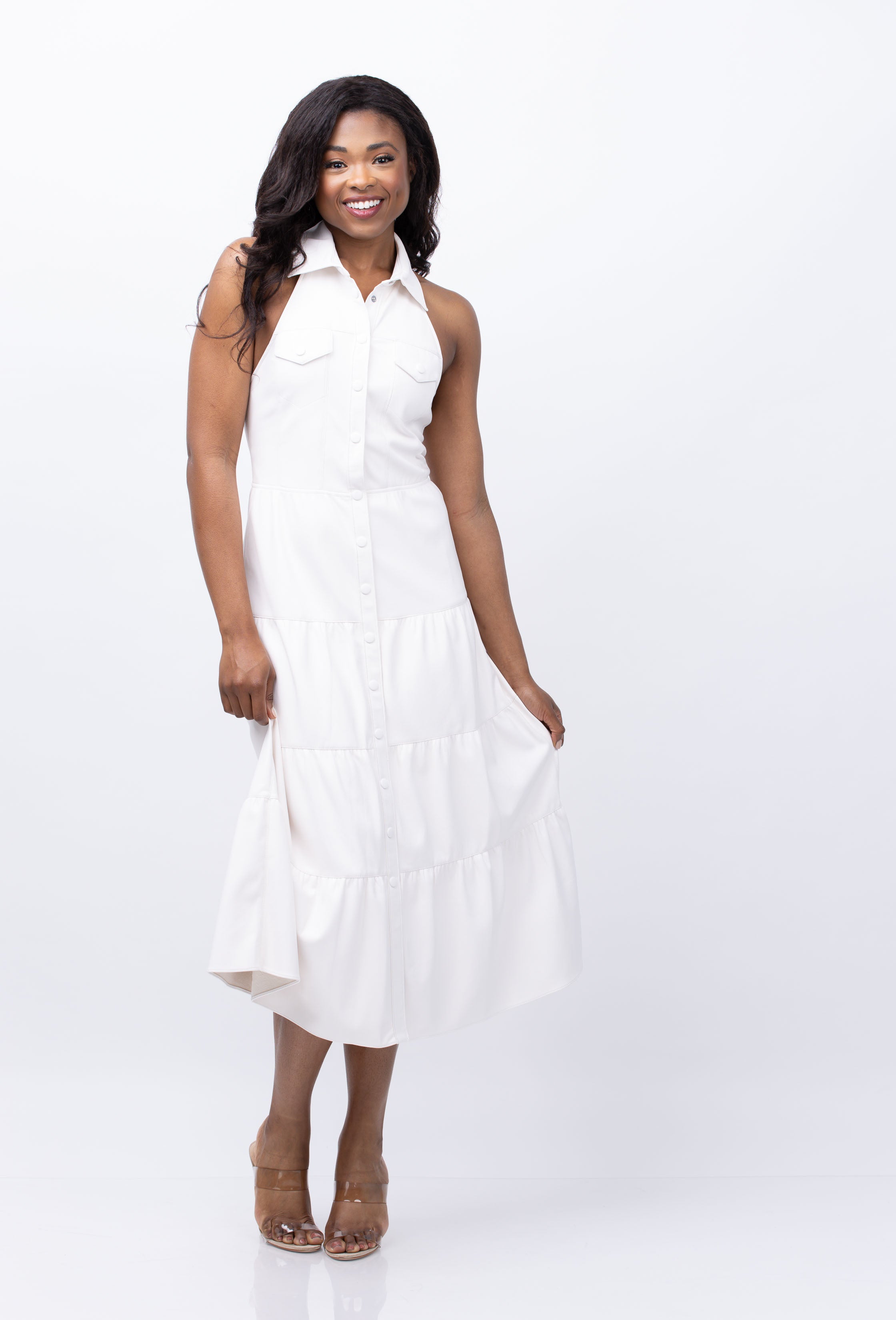Alice + Olivia Miranda Faux-Leather Midi-Dress in Off White Alice + Olivia Miranda Faux-Leather Midi-Dress in Off White
