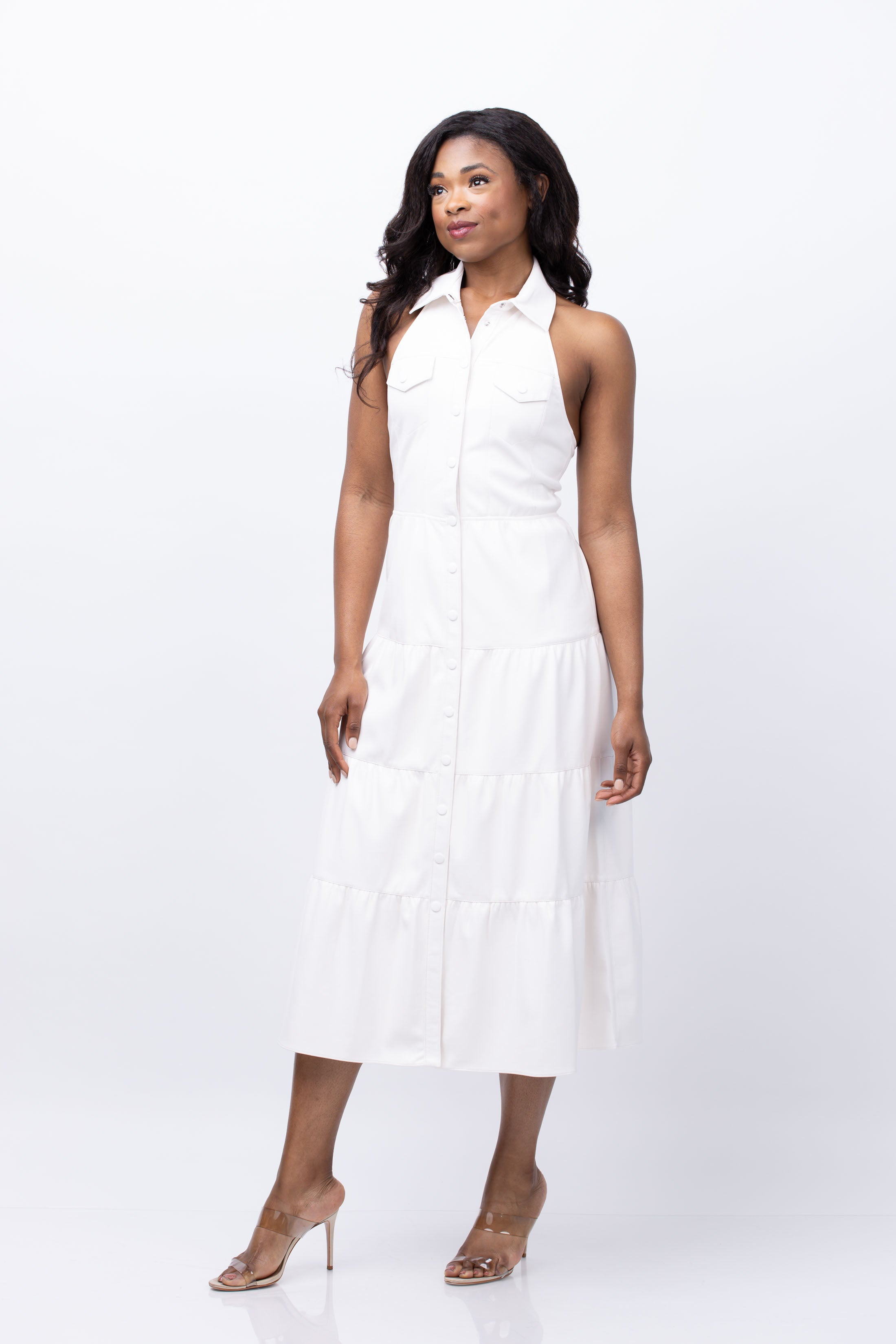 【タグ付き】DeNio オフホワイト midi ドレス Alice + Olivia Miranda Faux-Leather Midi-Dress in Off White