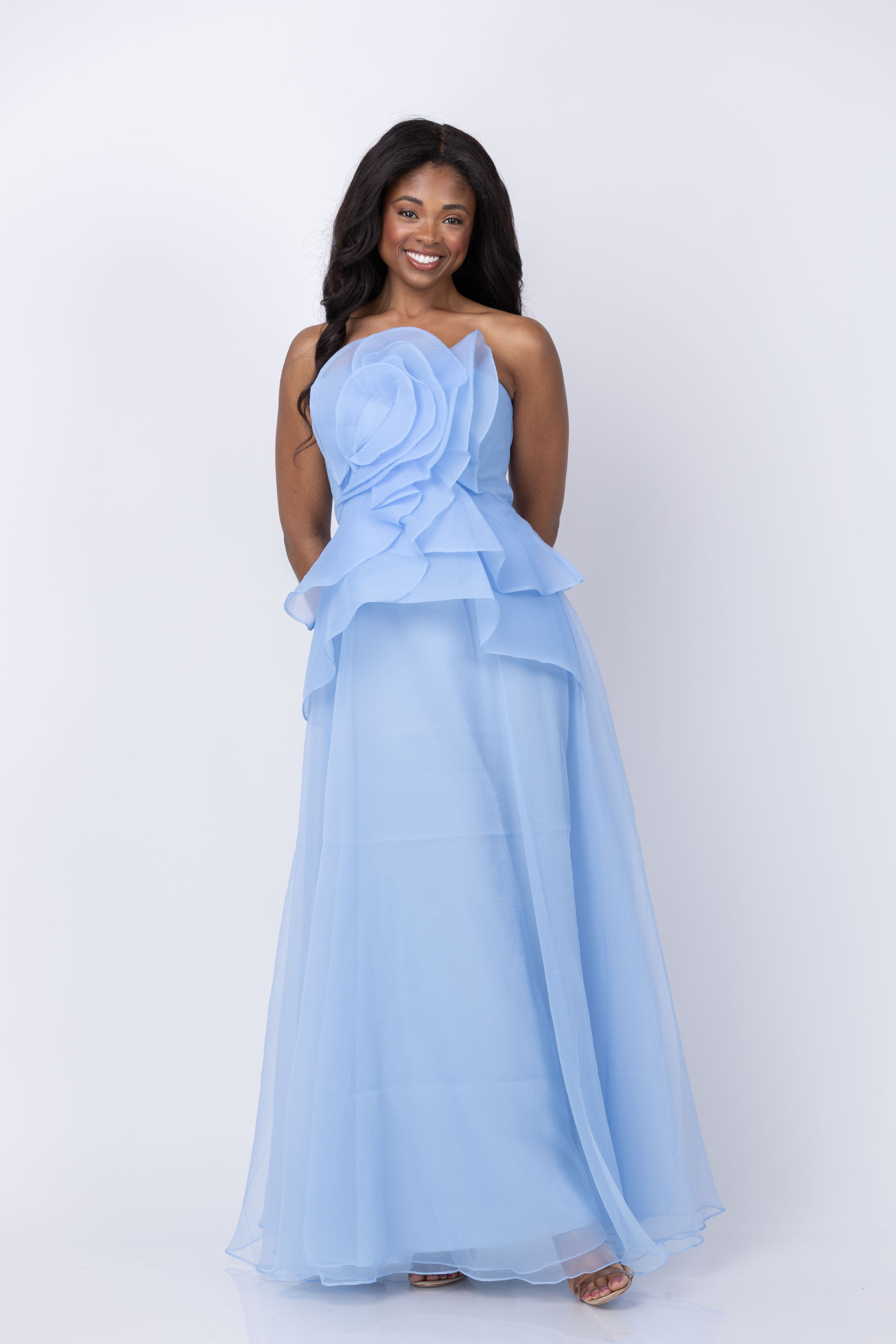 Theia Gilda Draped Rose Gown in Serenity Blue
