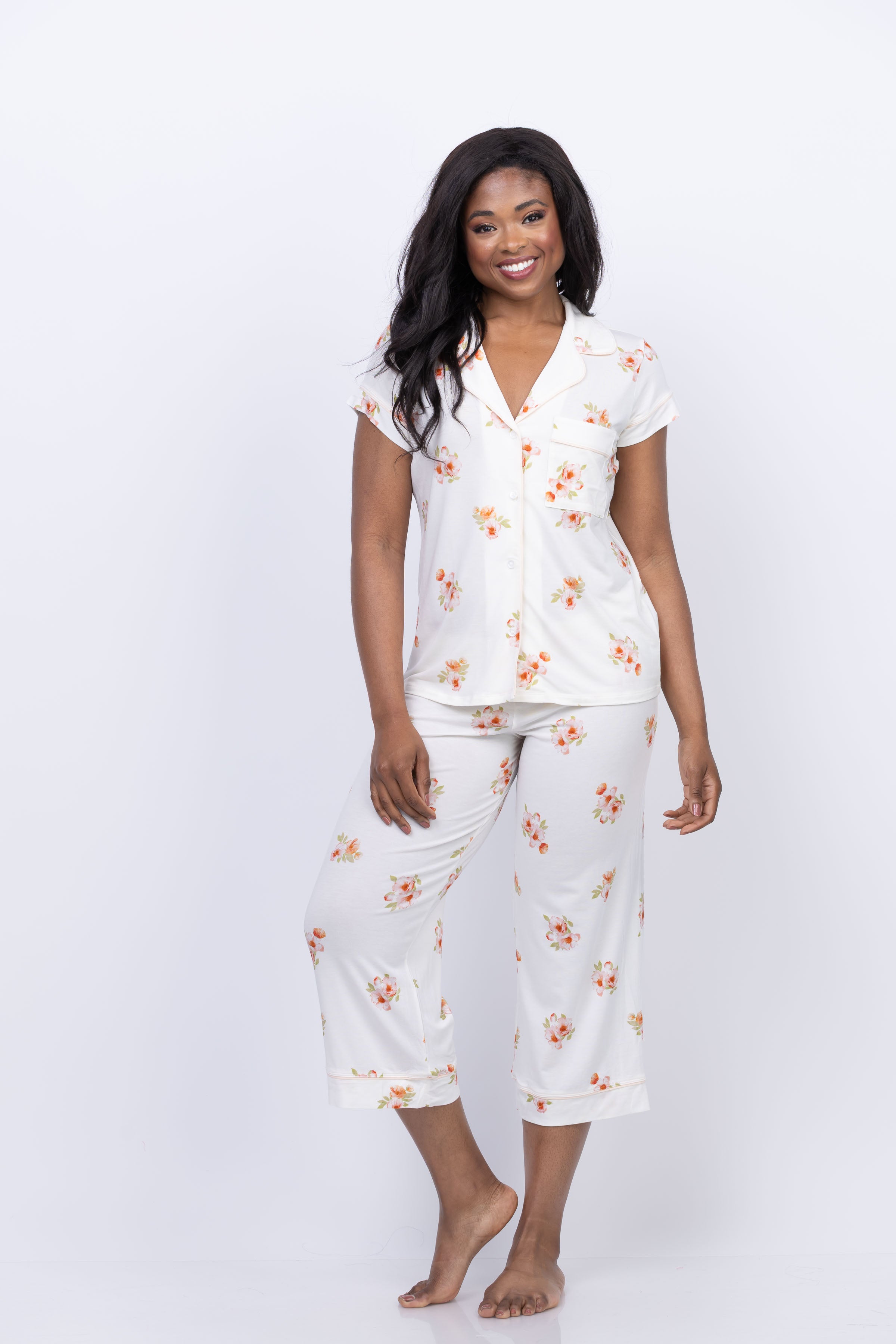 Eberjey Gisele Printed PJ Set in Floral Bloom Ivy/Vanilla Cream