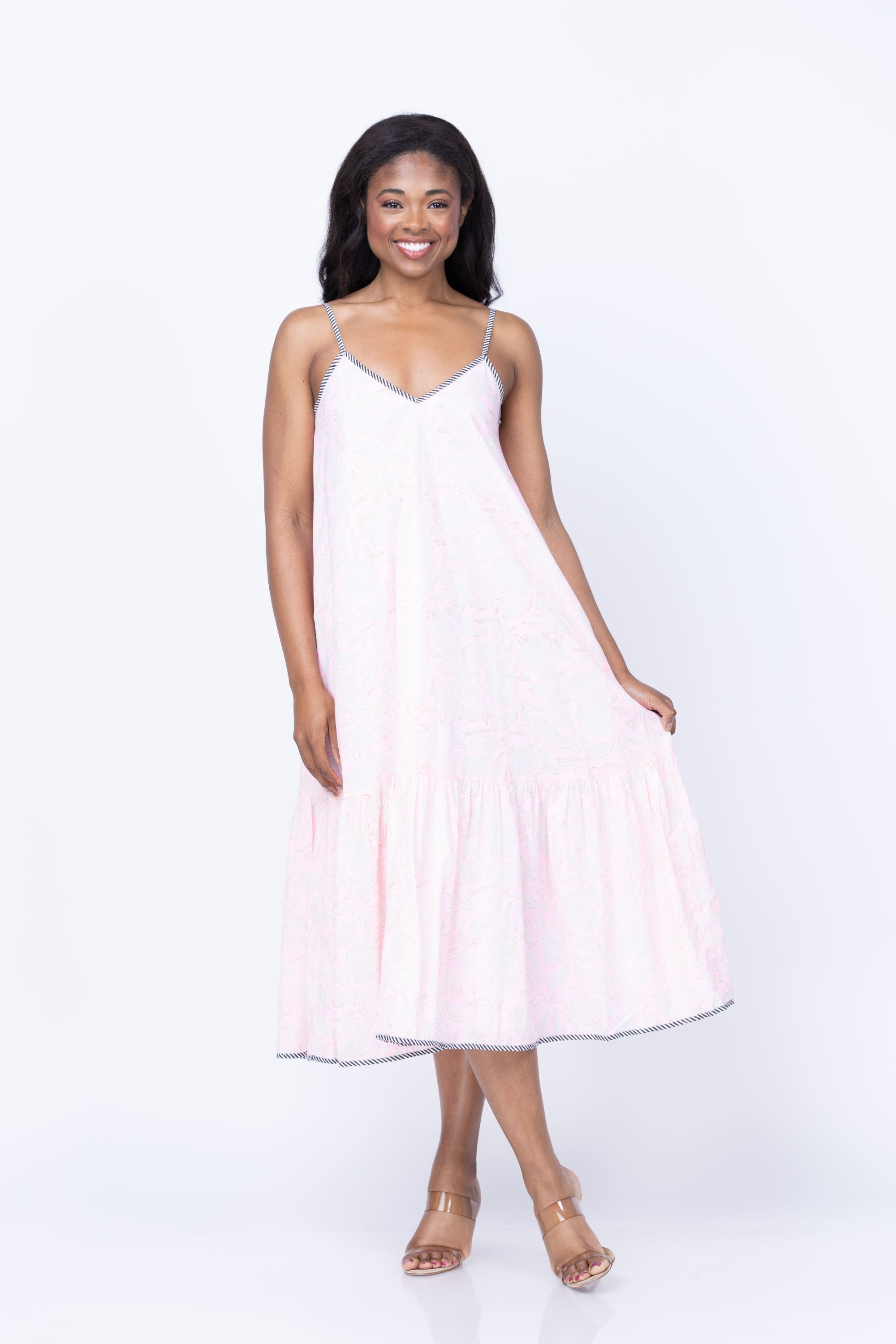 midi block print dress Red-Black Stripes Block Print Cotton Paneled A-Line Midi Dress 68" / Tall (5'7" and above)