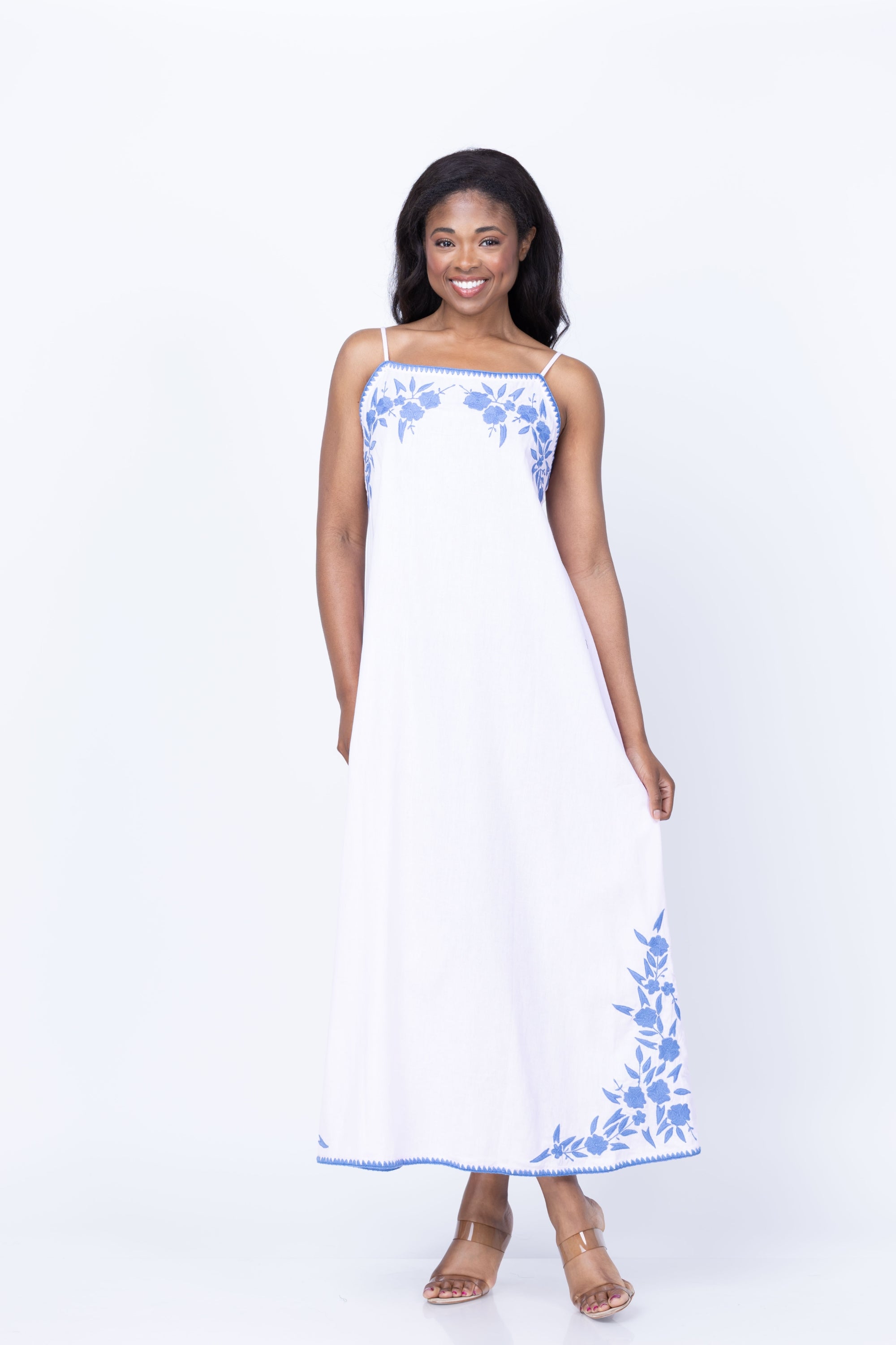 Juliet Dunn Linen Blend Square Neck Dress In Petal Pink/denim | Formal Gowns & Casual Wear For Women Juliet Dunn Linen Blend Square Neck Dress In Petal Pink/denim | Formal Gowns & Casual Wear For Women