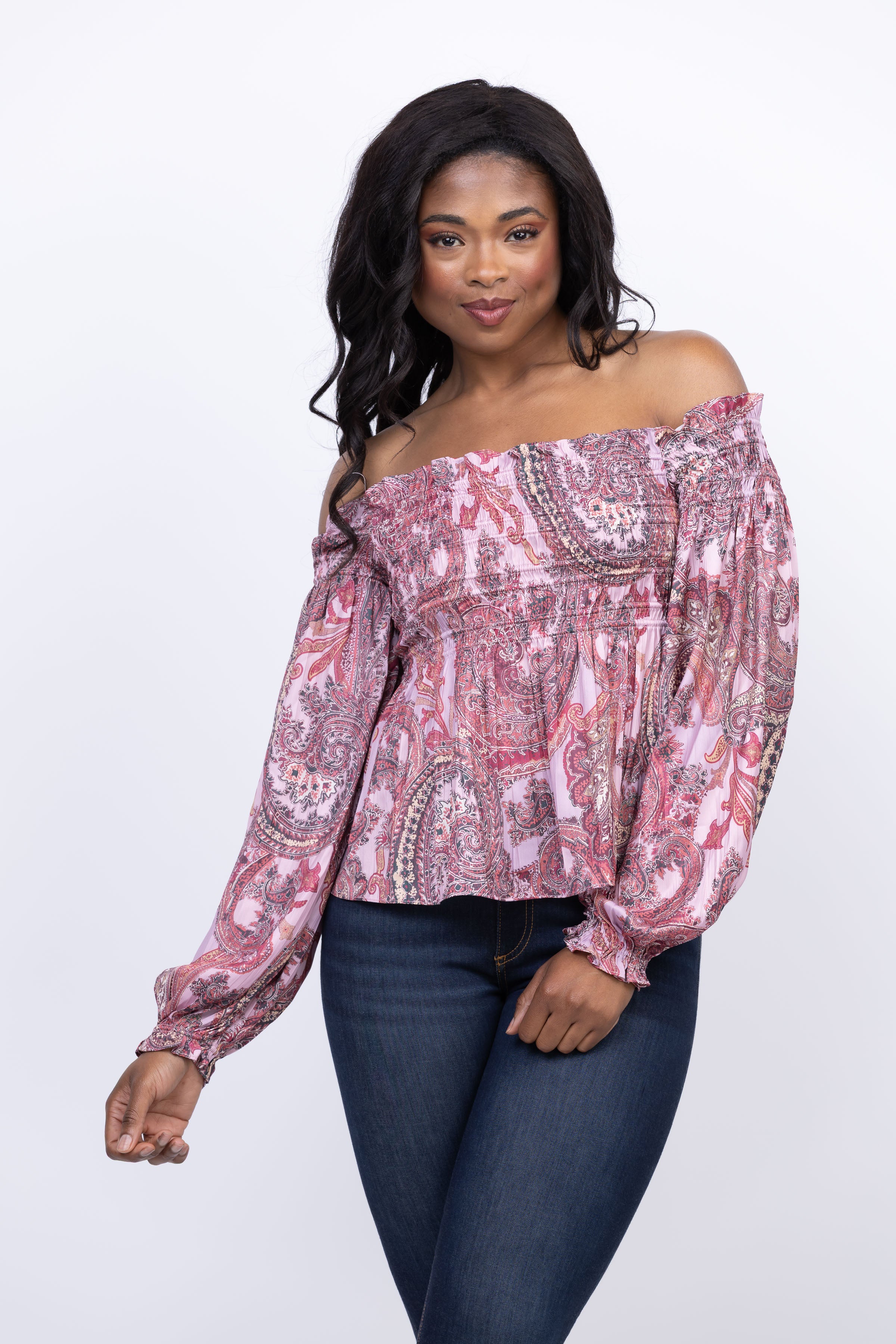 L'Agence Ariela Off Shoulder Blouse in Mauve French Paisly